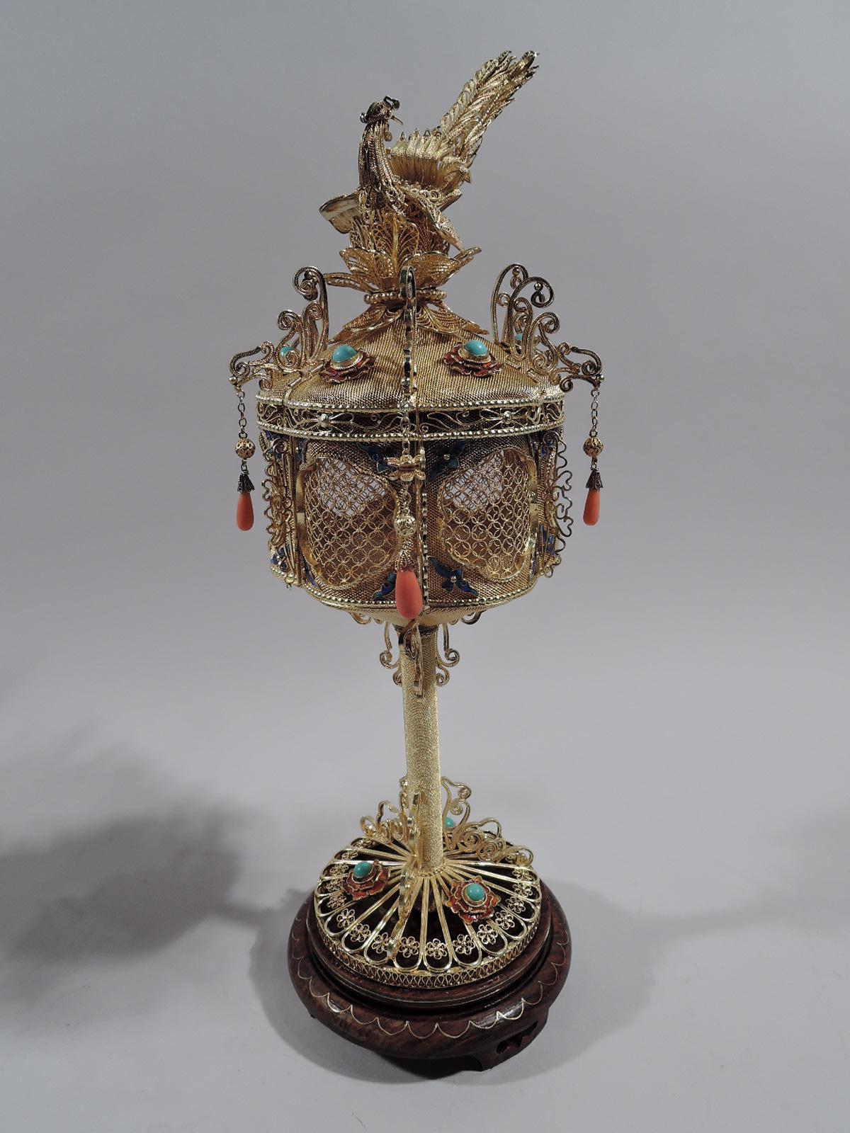 Qing Pair of Antique Chinese Silver Gilt, Hardstone and Enamel Lanterns