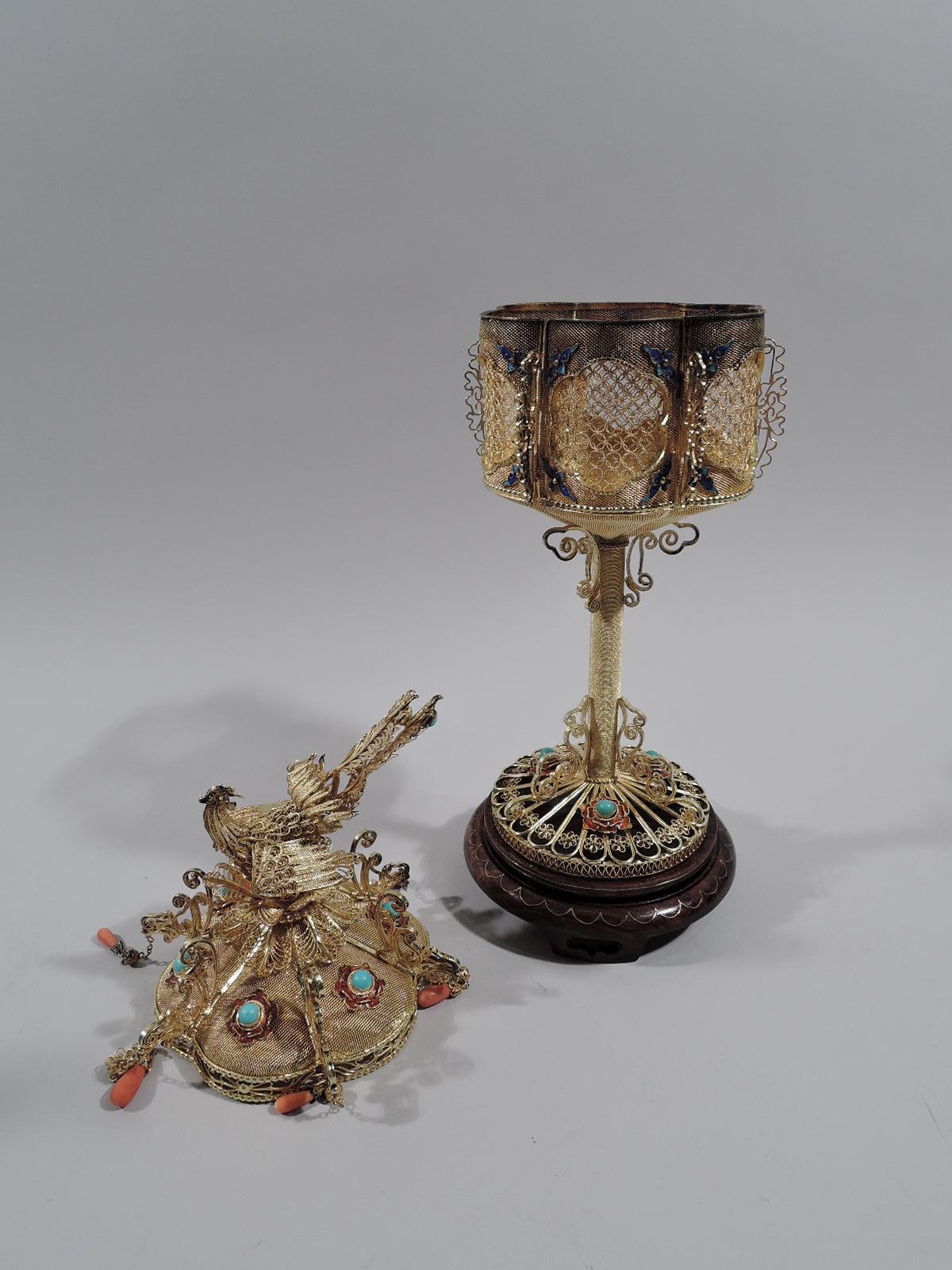 Pair of Antique Chinese Silver Gilt, Hardstone and Enamel Lanterns In Good Condition In New York, NY