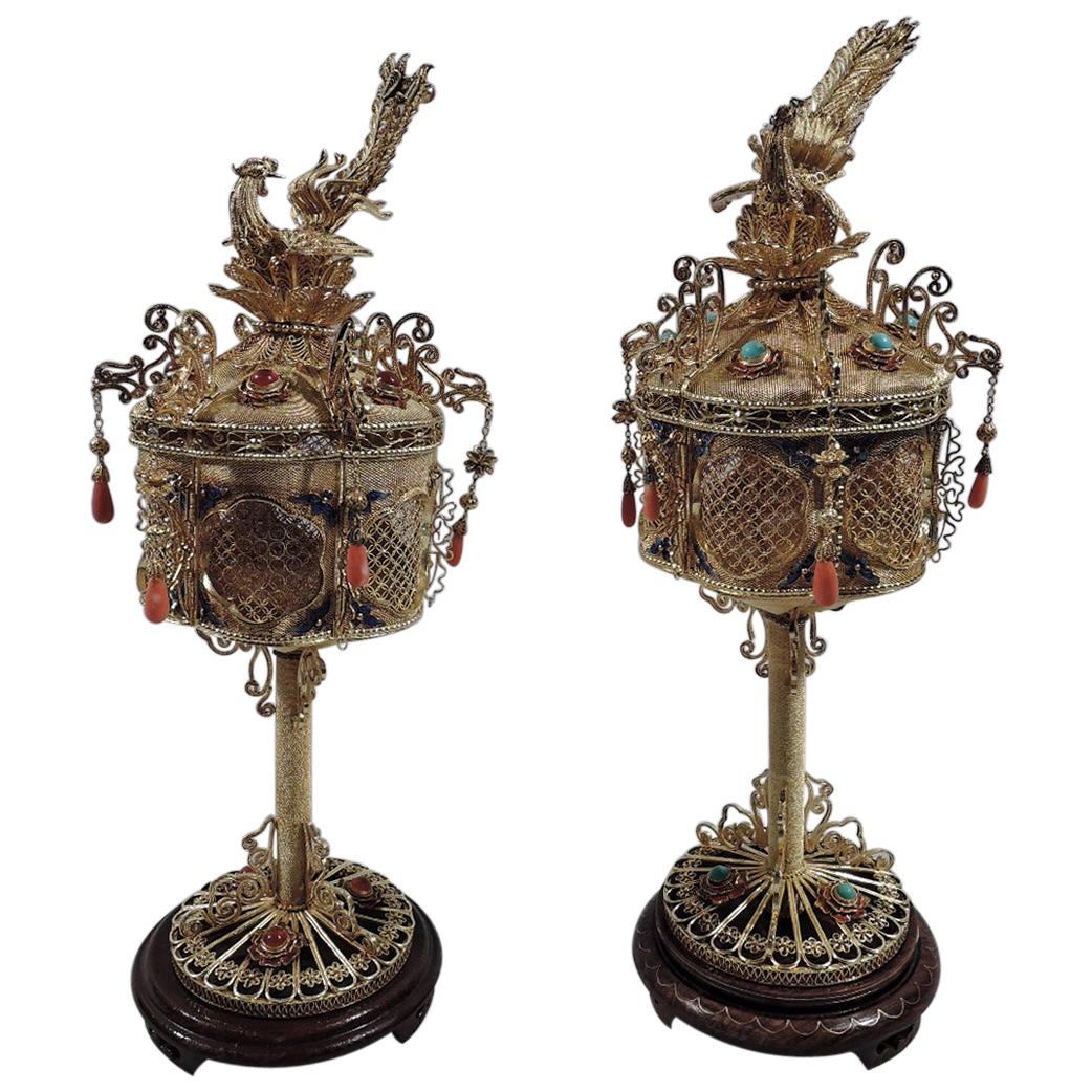 Pair of Antique Chinese Silver Gilt, Hardstone and Enamel Lanterns