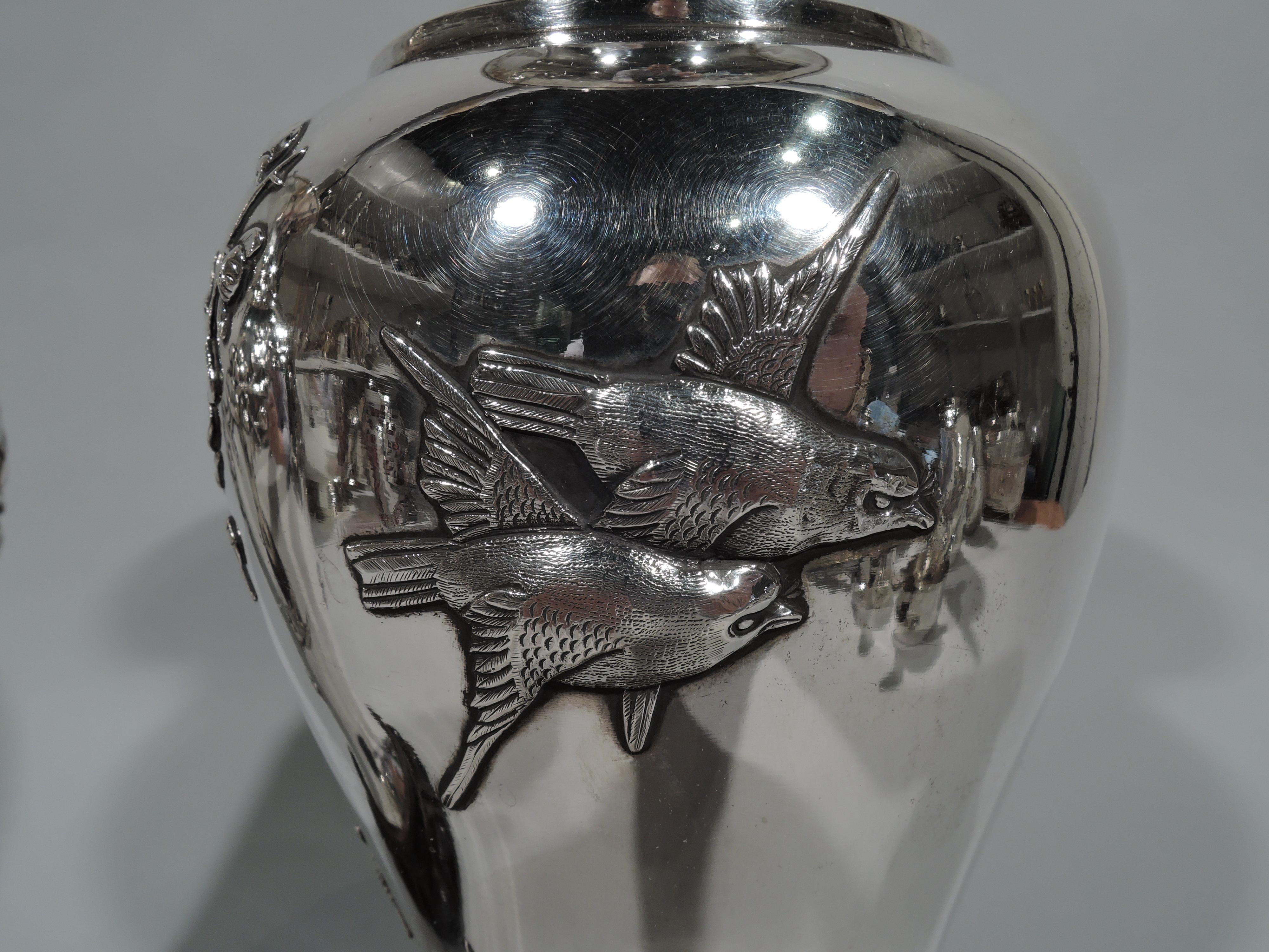 Chinese Export Pair of Antique Chinese Silver Vases with Blossoming Branches and Birds