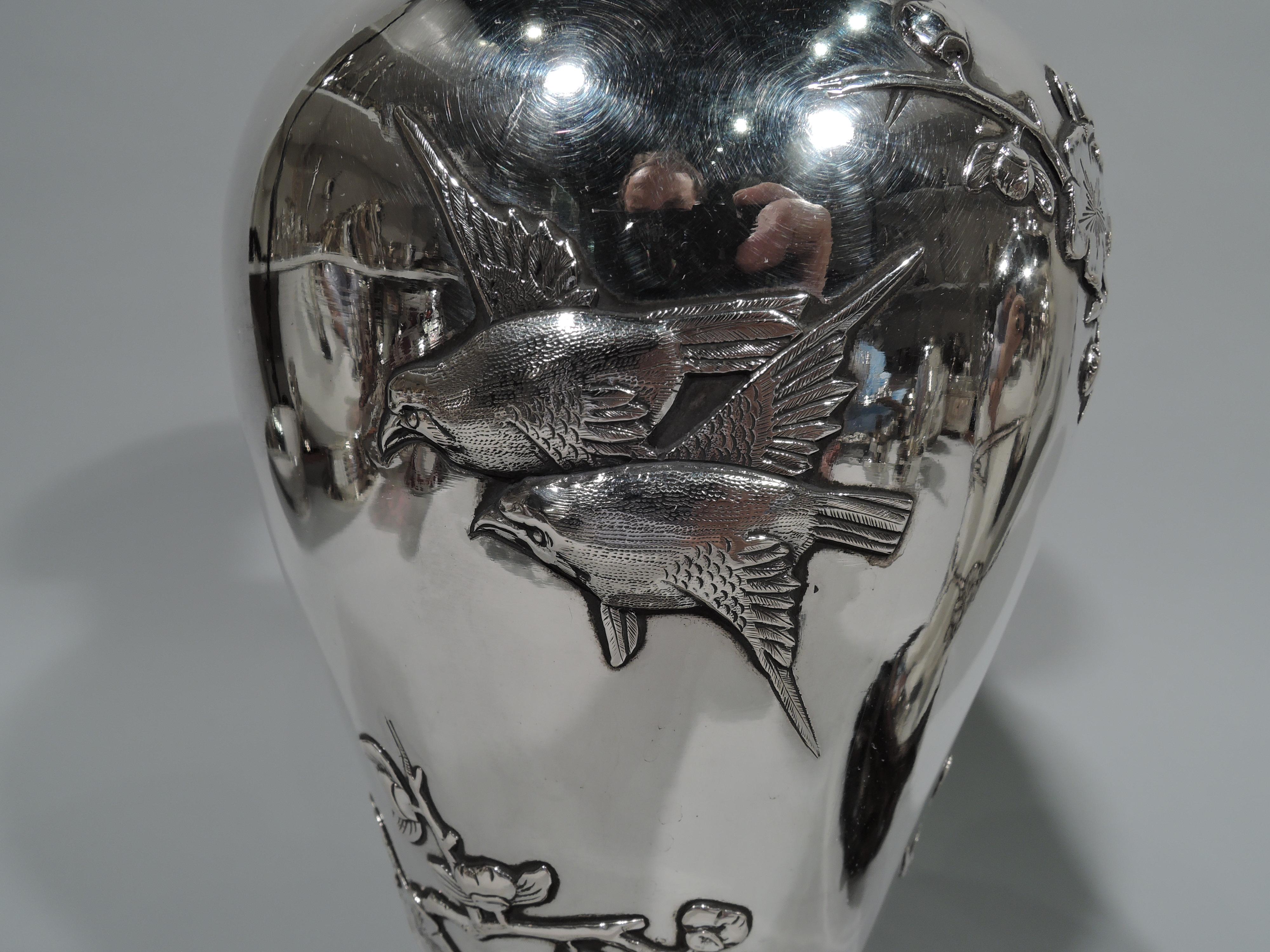 Pair of Antique Chinese Silver Vases with Blossoming Branches and Birds In Good Condition In New York, NY