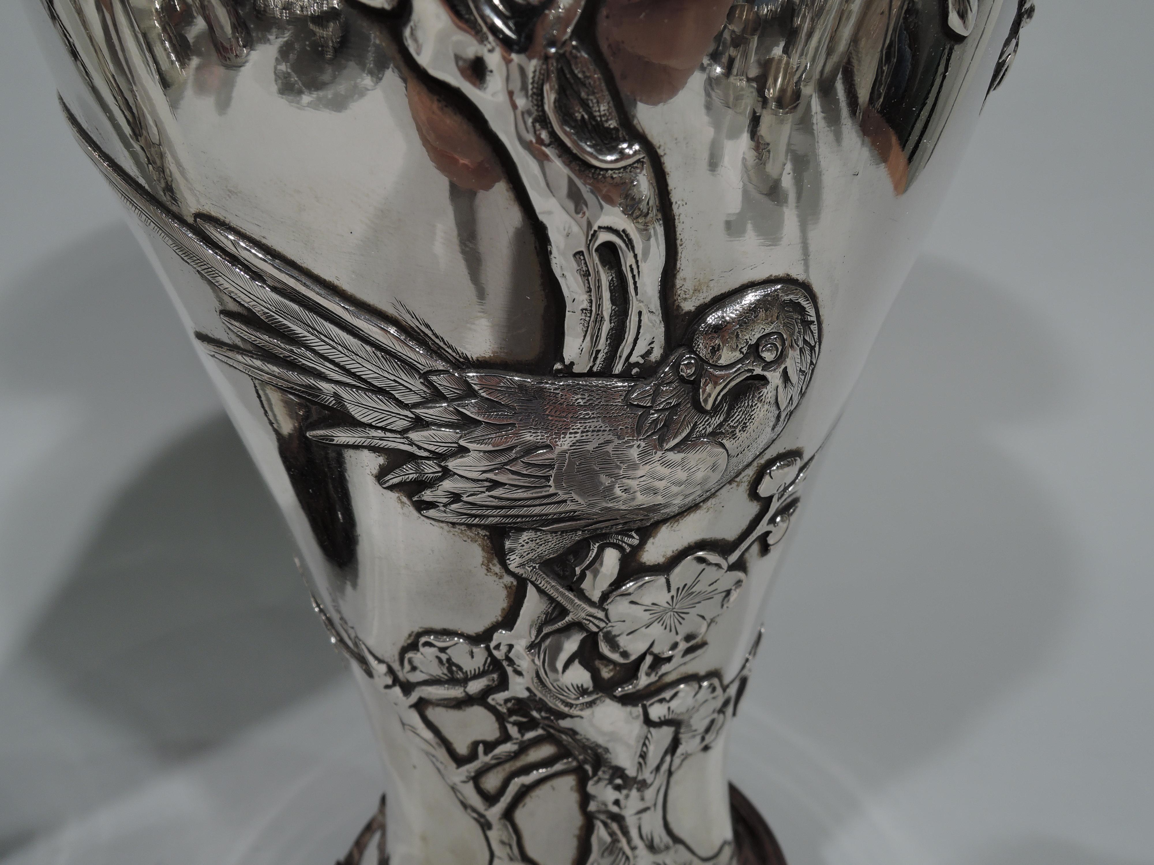 Pair of Antique Chinese Silver Vases with Blossoming Branches and Birds 1