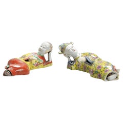 Pair of Antique Chinese Statue Porcelain Wall Pocket Vase Figures, 18th Century