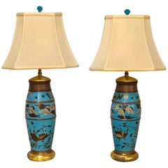 Pair of Antique Chinese Table Lamps with Hand-Painted Design of Animals