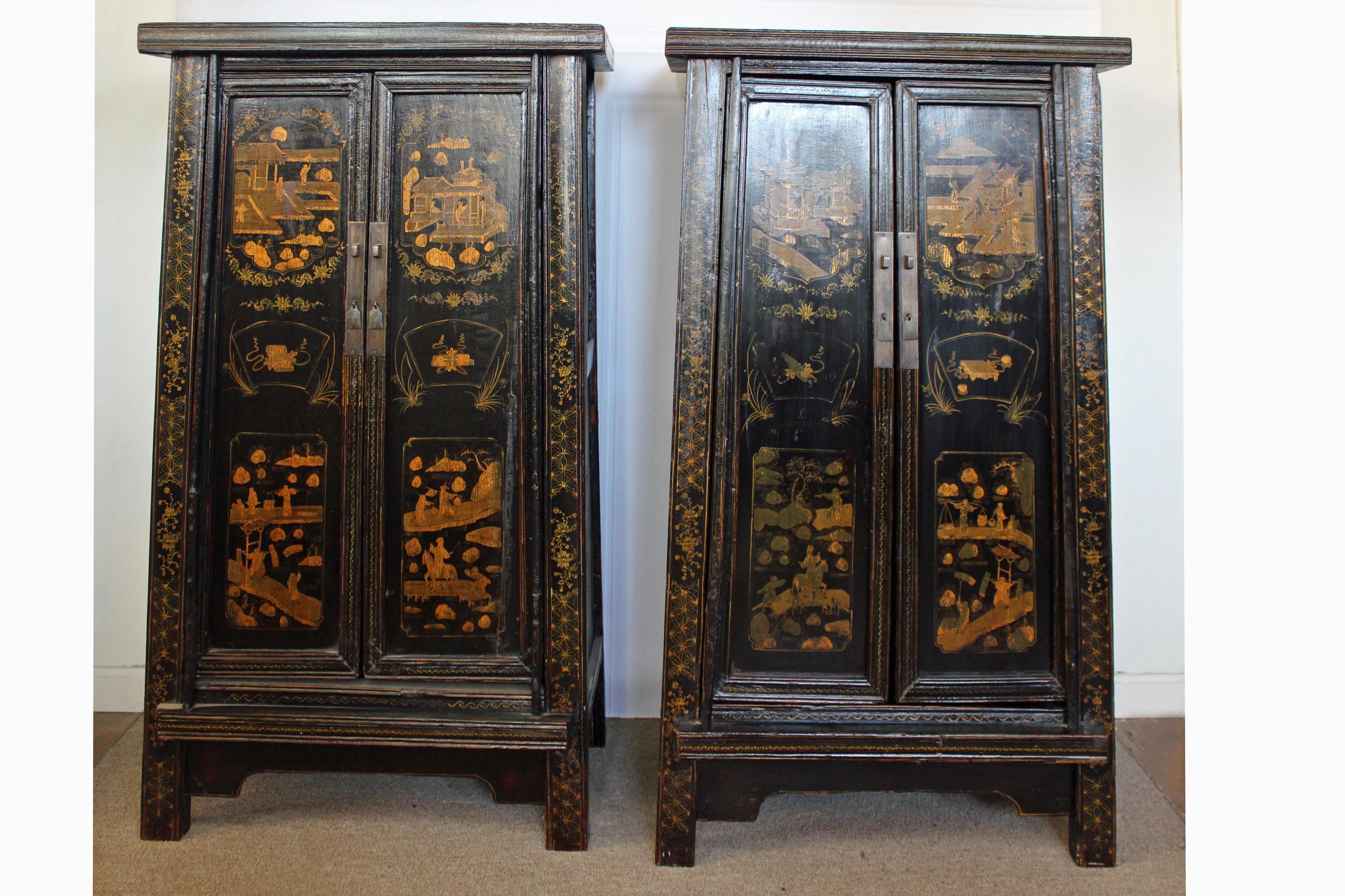 Chinese Export Pair of Antique Chinese Tapered Cabinet For Sale