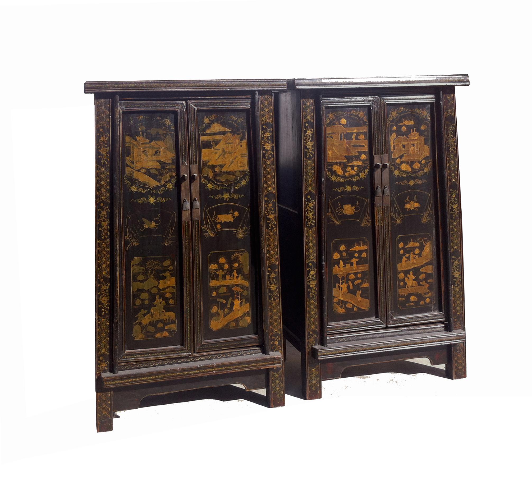 Hand-Painted Pair of Antique Chinese Tapered Cabinet For Sale