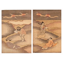 Coppia di tessuti cinesi in seta pittorica del XIX secolo ( 9" x 1' - 23 x 31 )