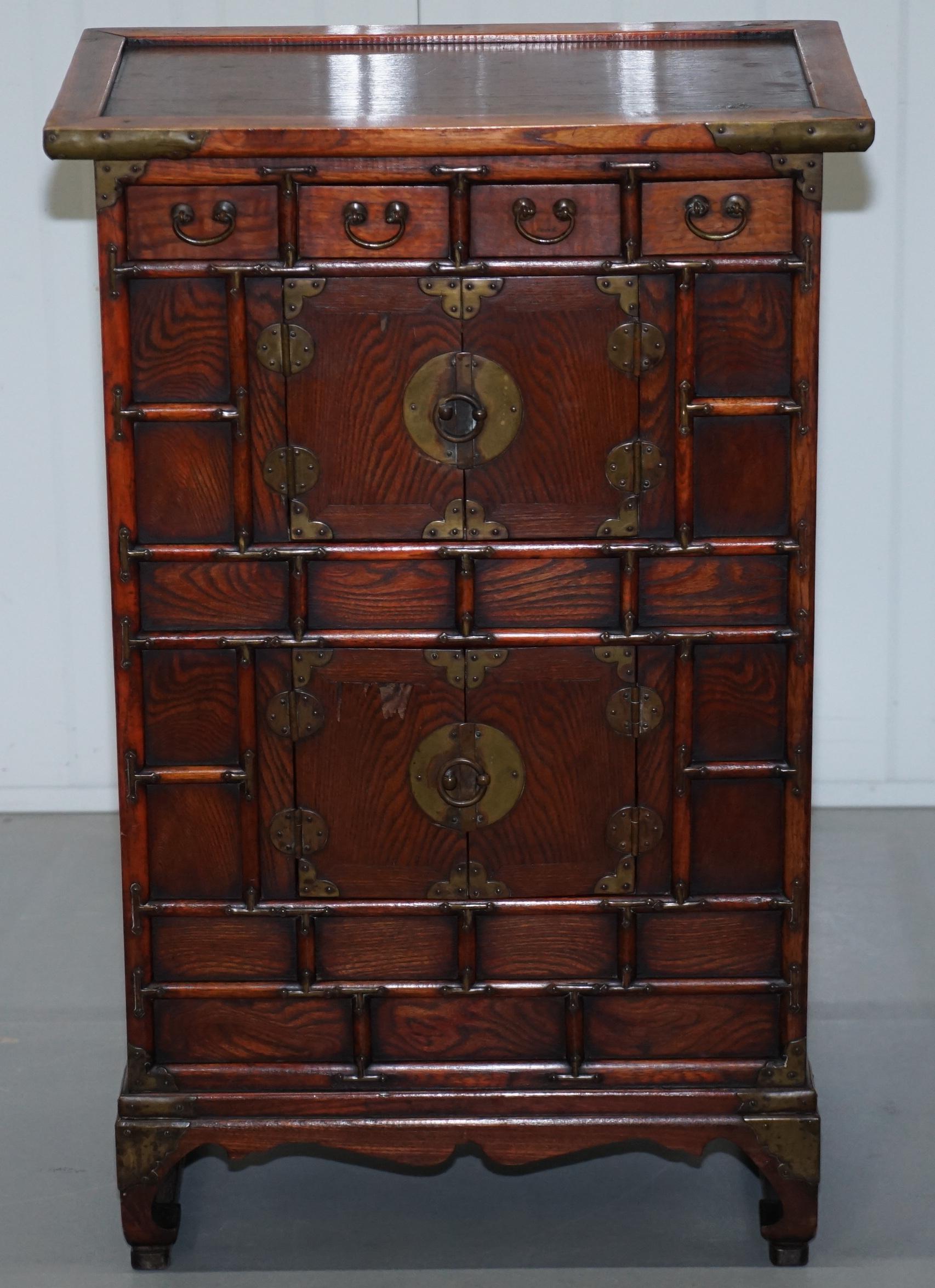 Pair of Antique Chinese Tiger Oak Small Cupboards Bank of Drawers Side Table 7