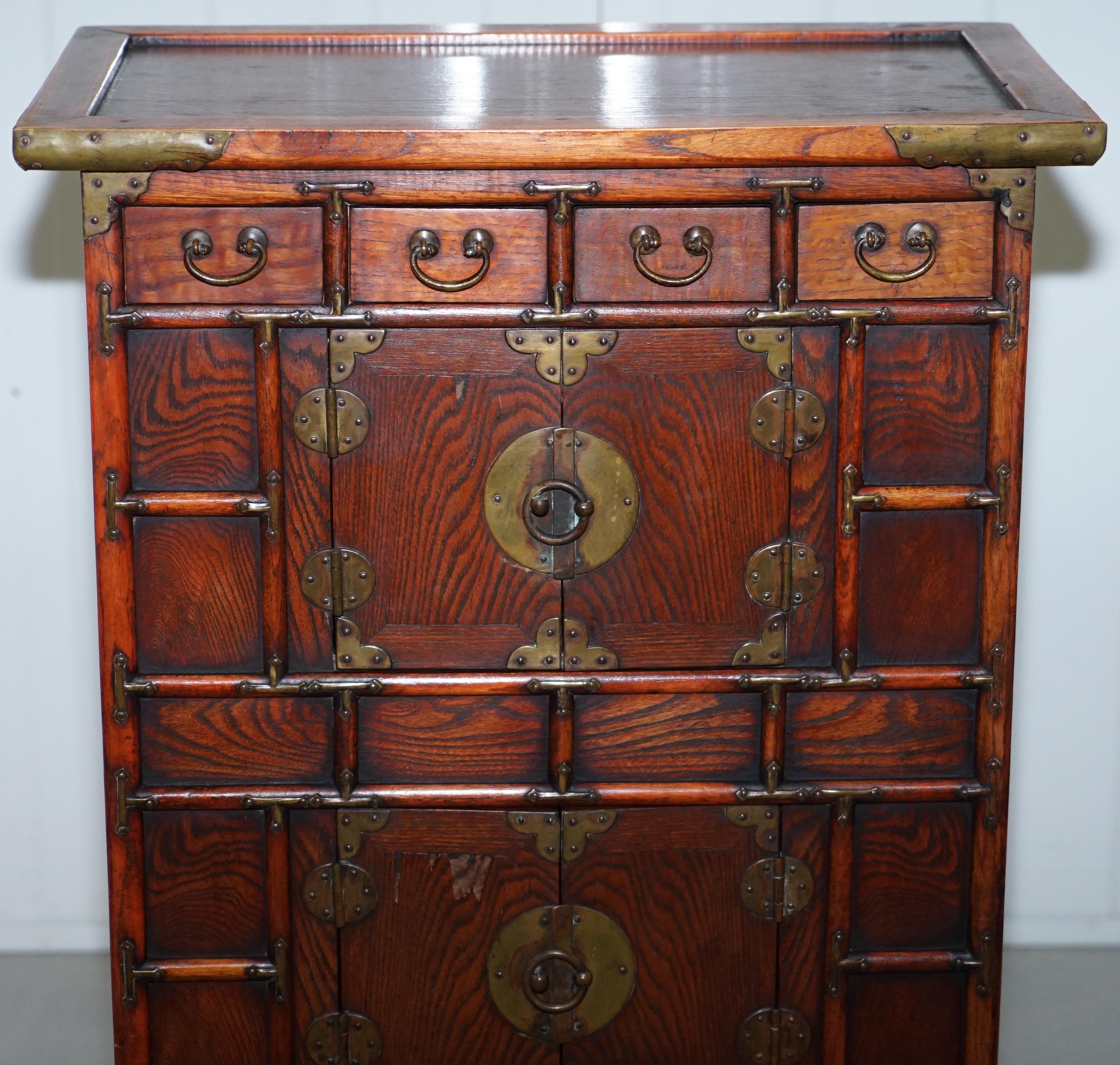 Pair of Antique Chinese Tiger Oak Small Cupboards Bank of Drawers Side Table 10