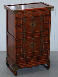 Pair of Antique Chinese Tiger Oak Small Cupboards Bank of Drawers Side Table