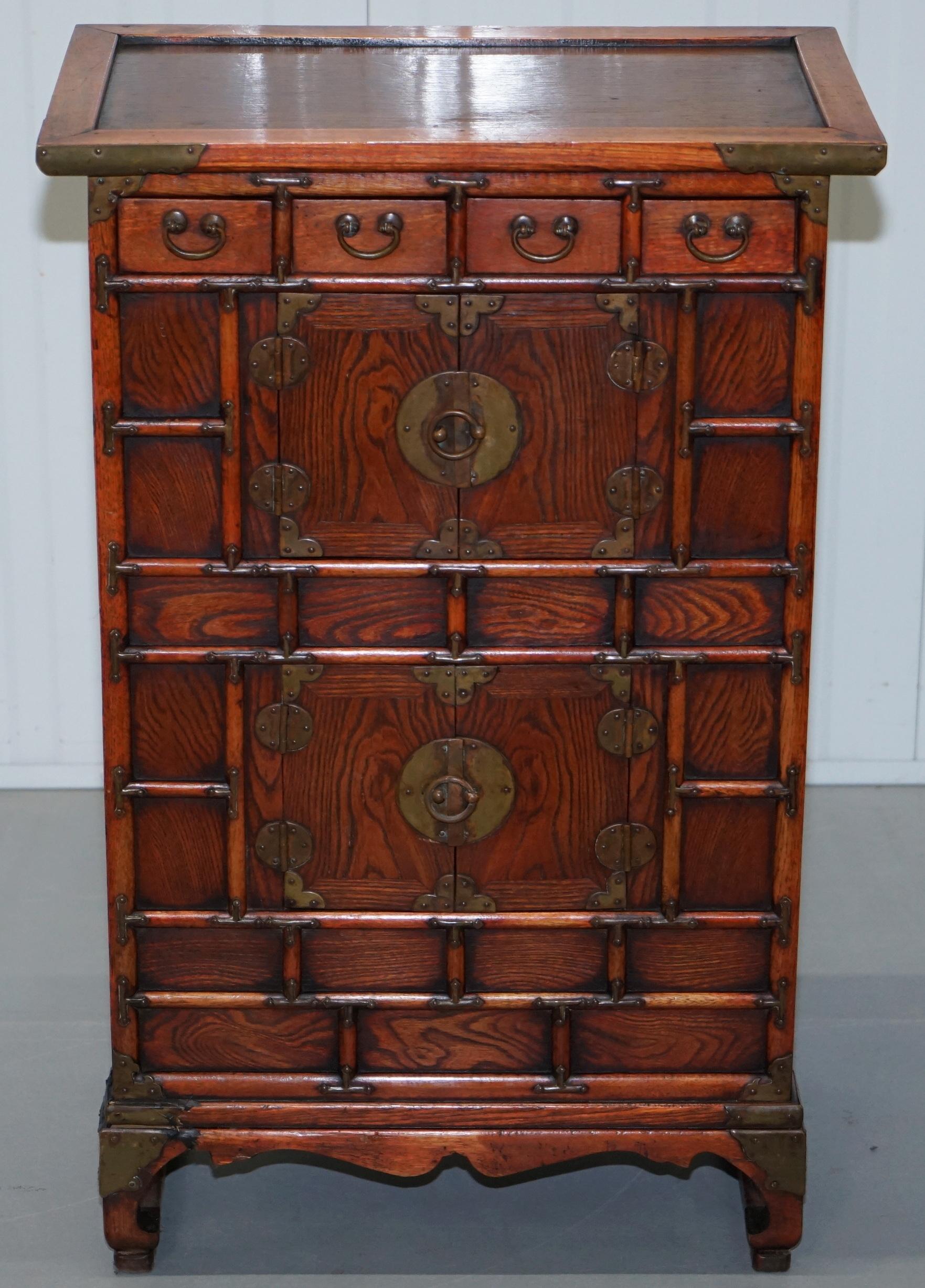 Chinese Export Pair of Antique Chinese Tiger Oak Small Cupboards Bank of Drawers Side Table