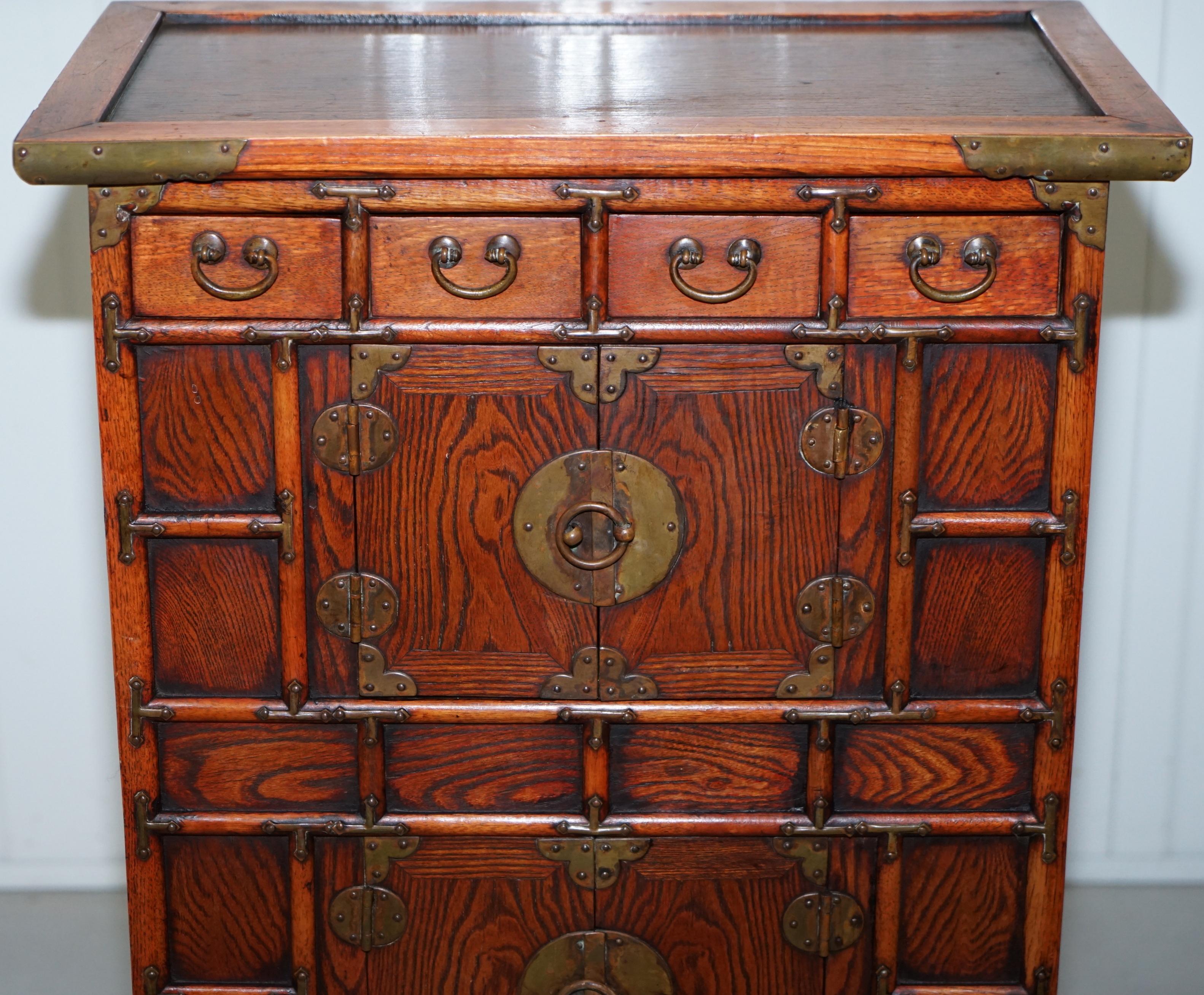 20th Century Pair of Antique Chinese Tiger Oak Small Cupboards Bank of Drawers Side Table