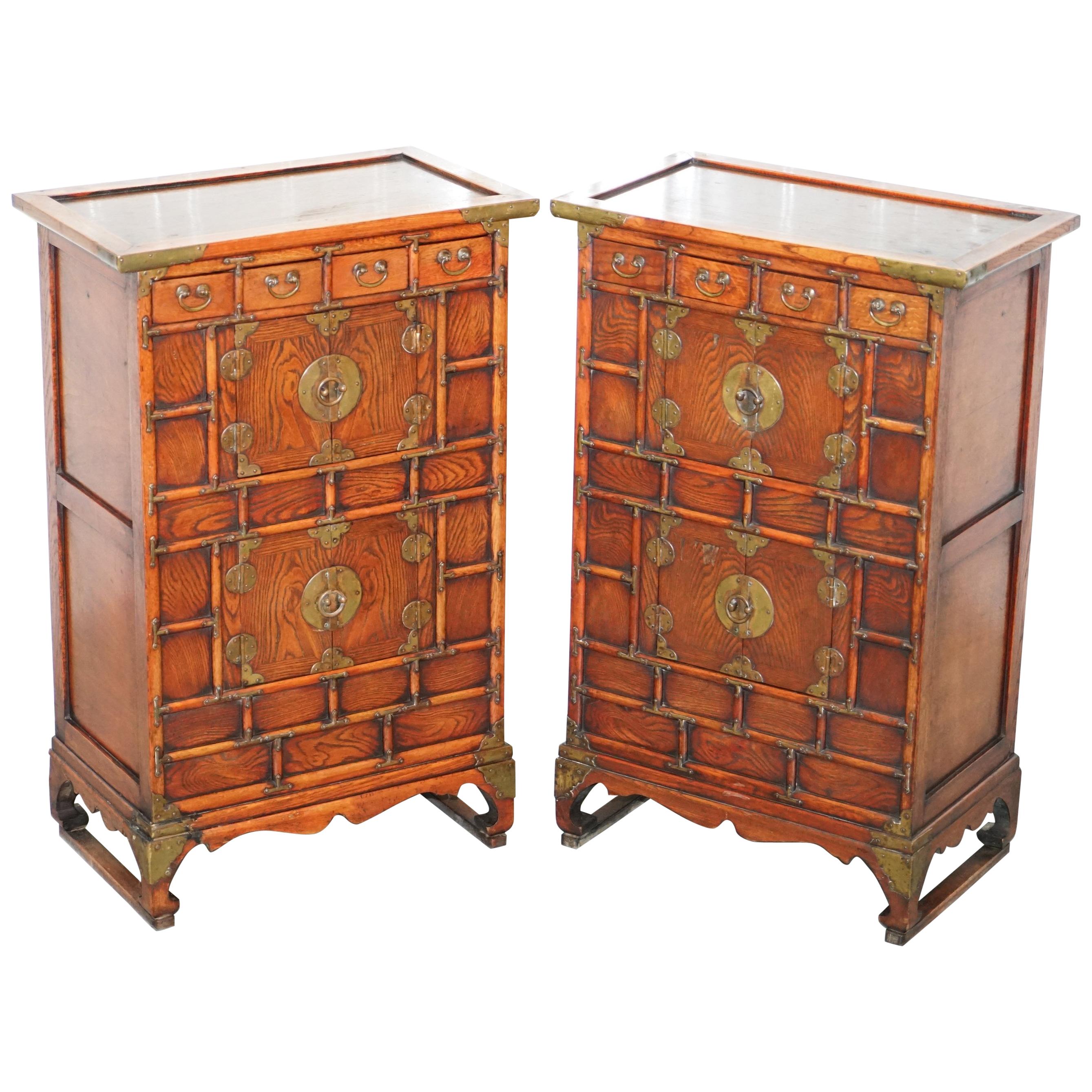 Pair of Antique Chinese Tiger Oak Small Cupboards Bank of Drawers Side Table