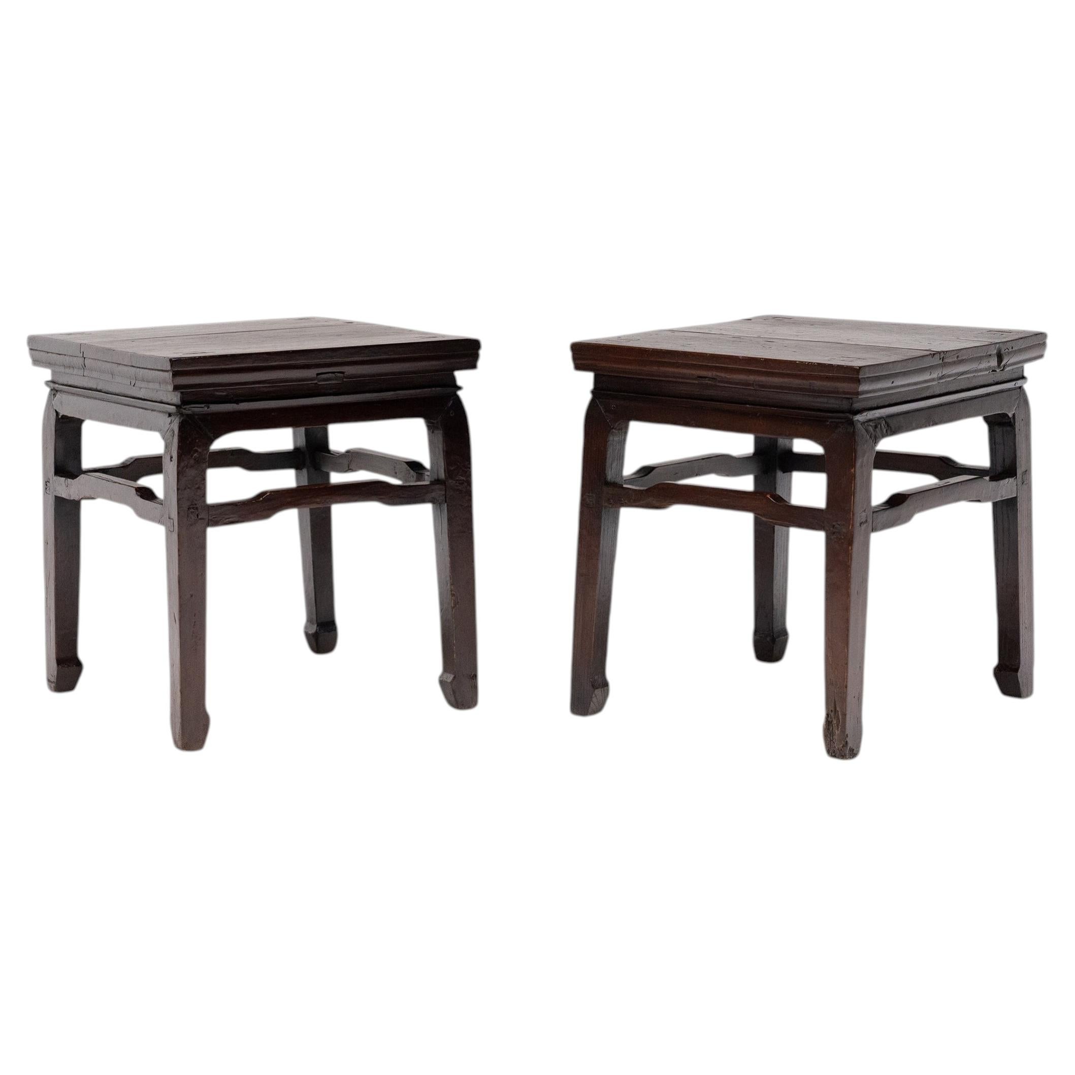 Pair of Antique Chinese Walnut Waisted Stools, 19th Century