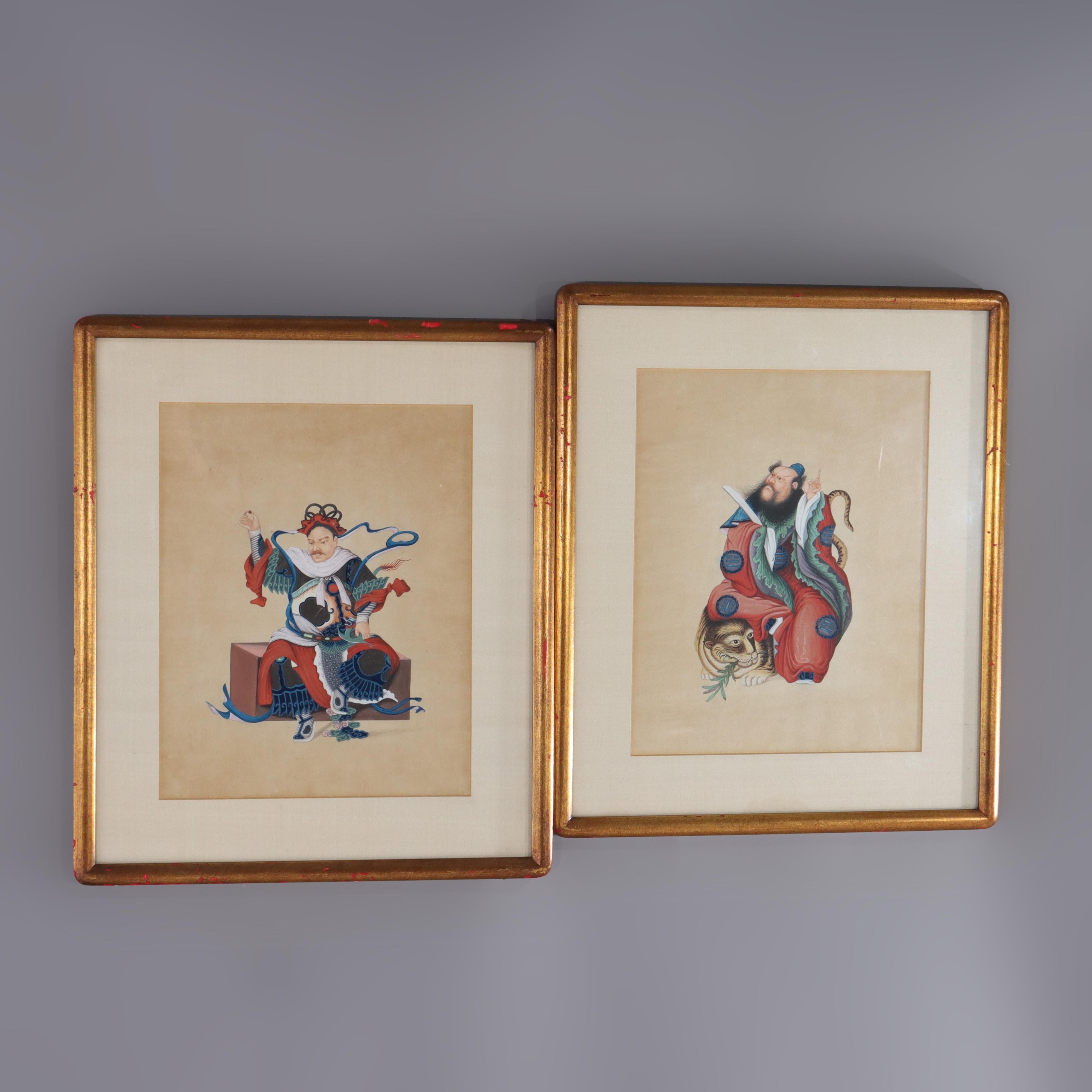 Paar antike chinesische Aquarelle auf Papier Gemälde von mythologischen Figuren Signiert 19C.     
Maße - 20,25 