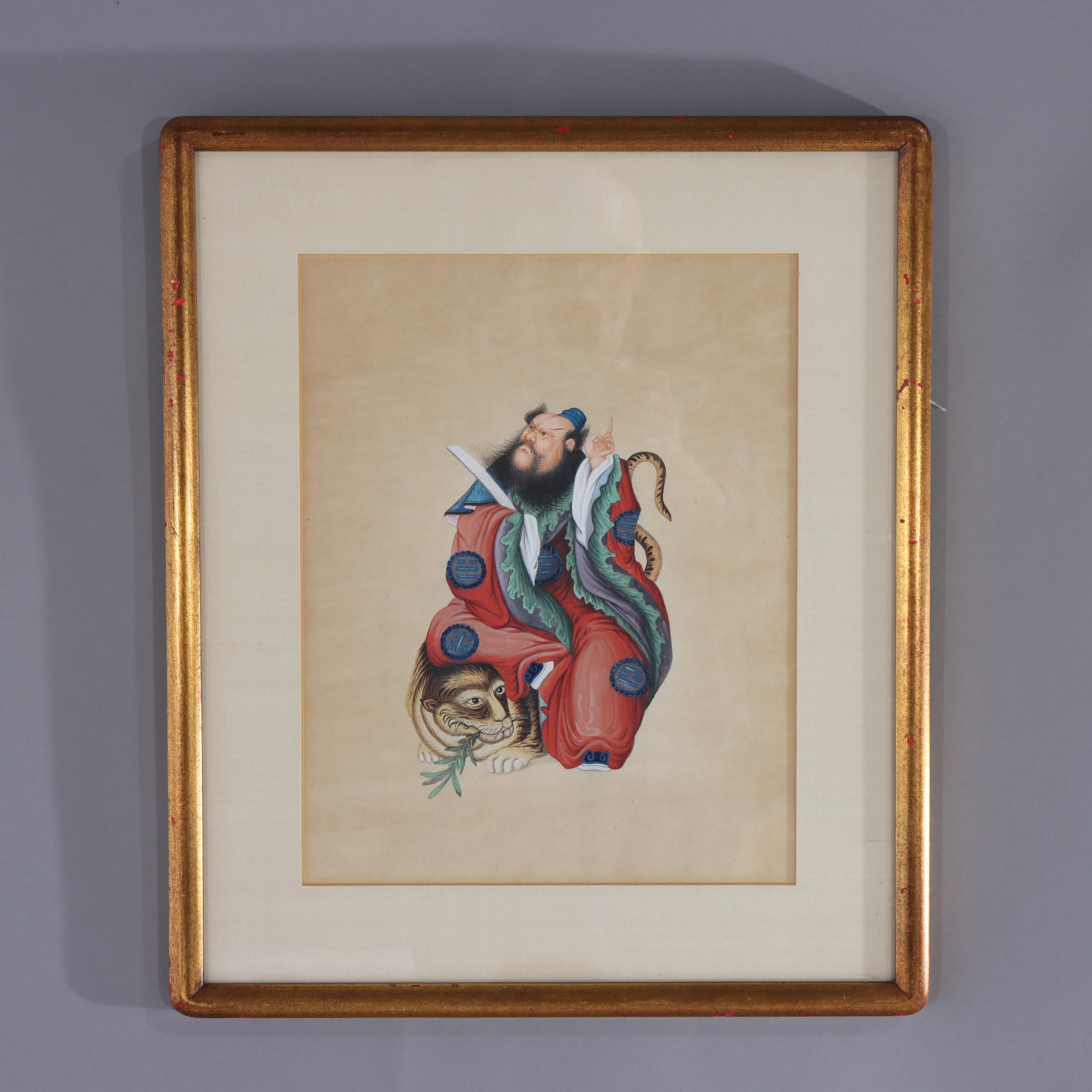 Paar antike chinesische Aquarellbilder auf Papier mit mythologischen Figuren im Zustand „Gut“ im Angebot in Big Flats, NY