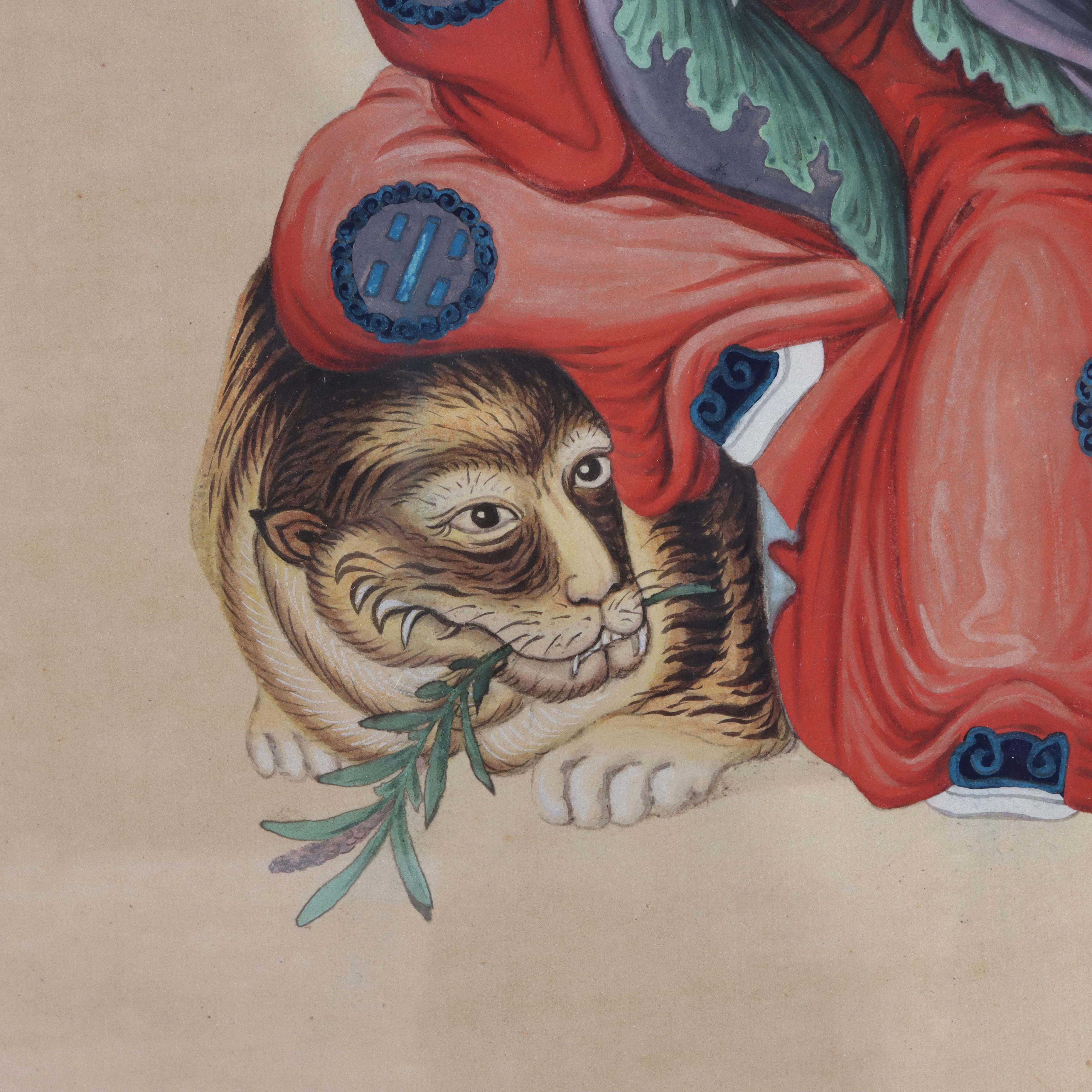 Paar antike chinesische Aquarellbilder auf Papier mit mythologischen Figuren im Angebot 1