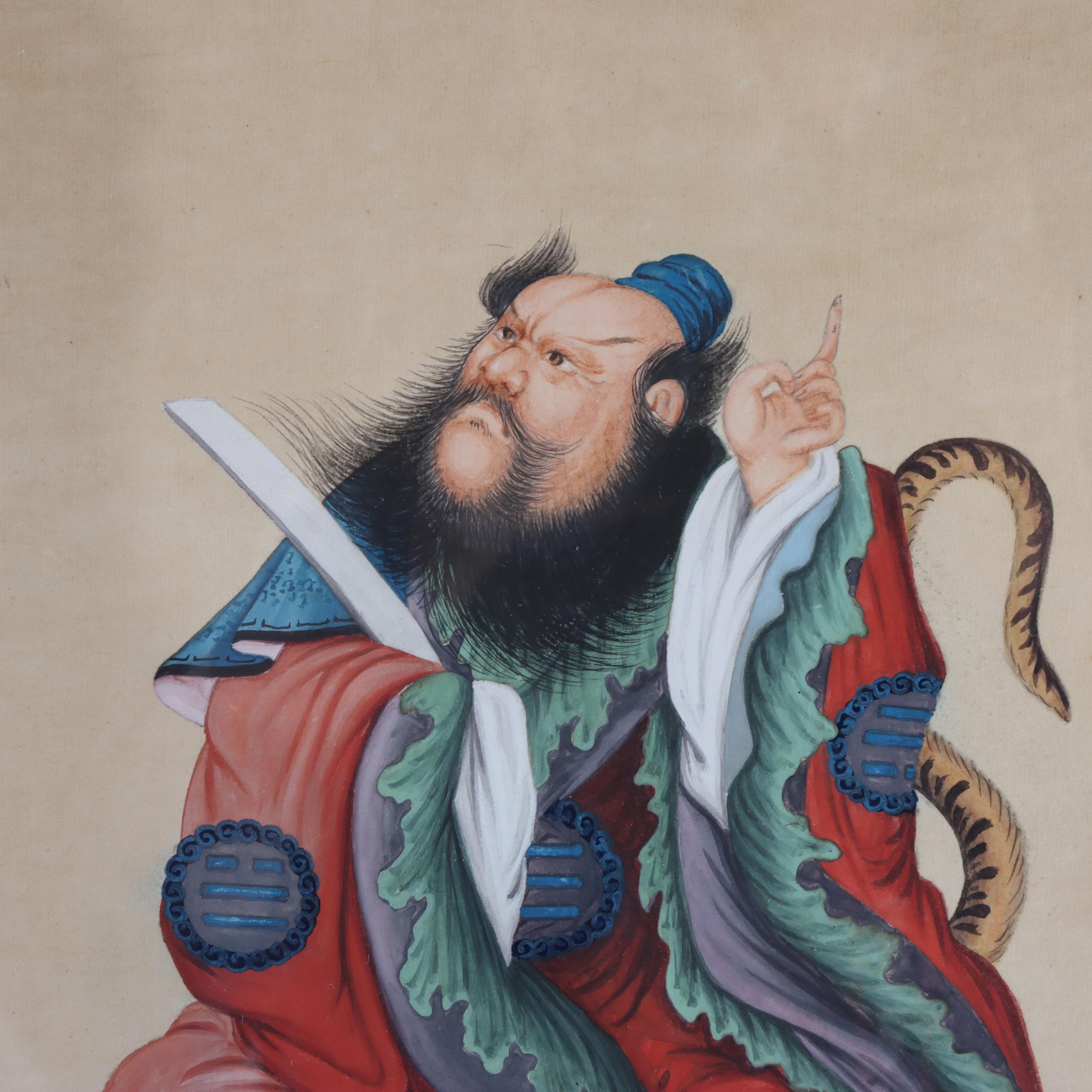 Paar antike chinesische Aquarellbilder auf Papier mit mythologischen Figuren im Angebot 2