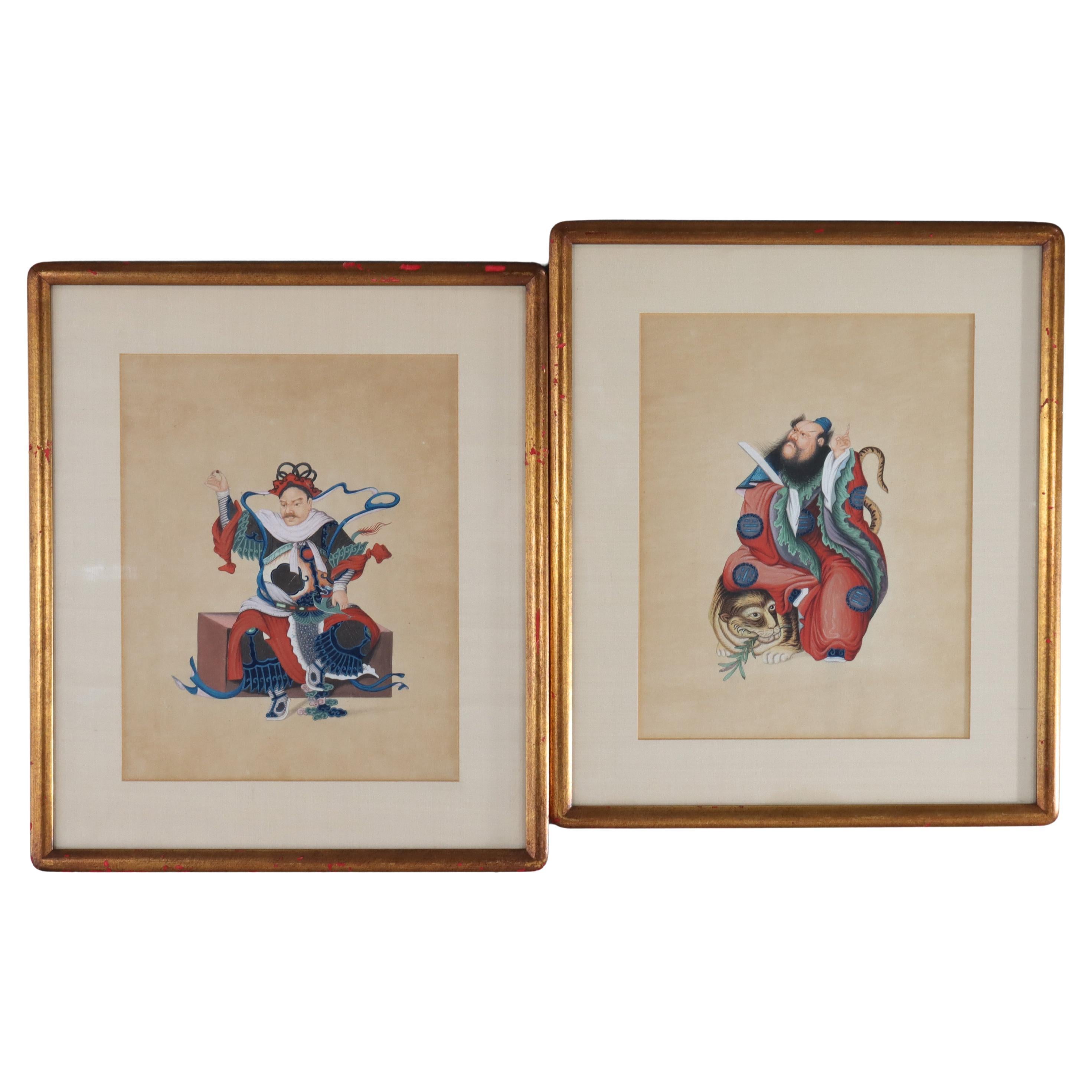 Paar antike chinesische Aquarellbilder auf Papier mit mythologischen Figuren