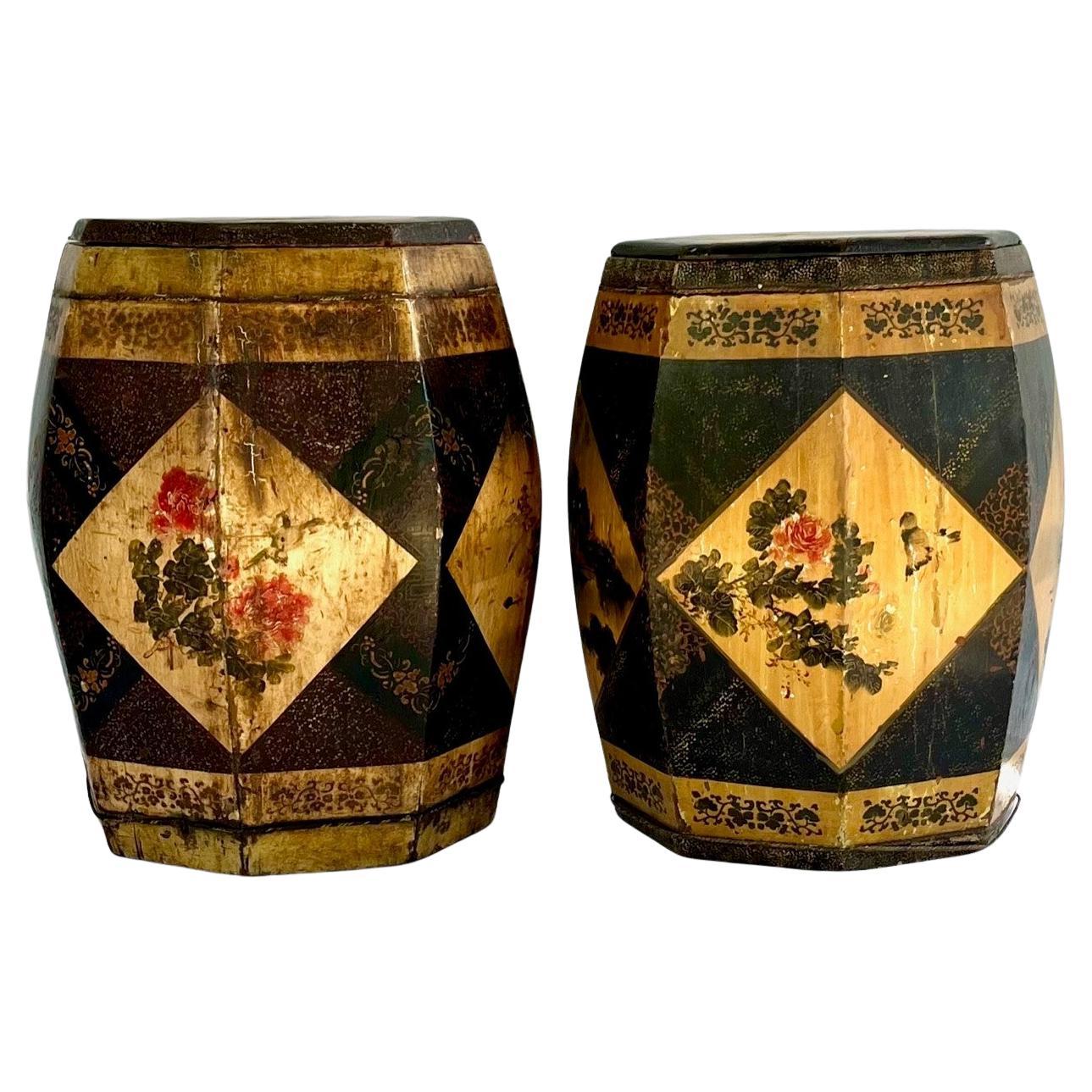 Pair of Antique Chinese Wood Hand Painted Rice Barrels, Nearly Matching