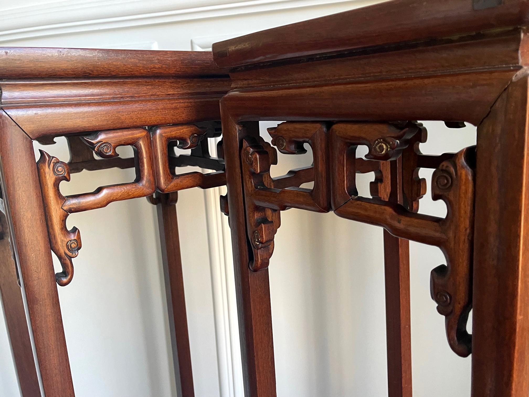 Carved Pair of Antique Chinese Wood Stands Pedestal Tables For Sale