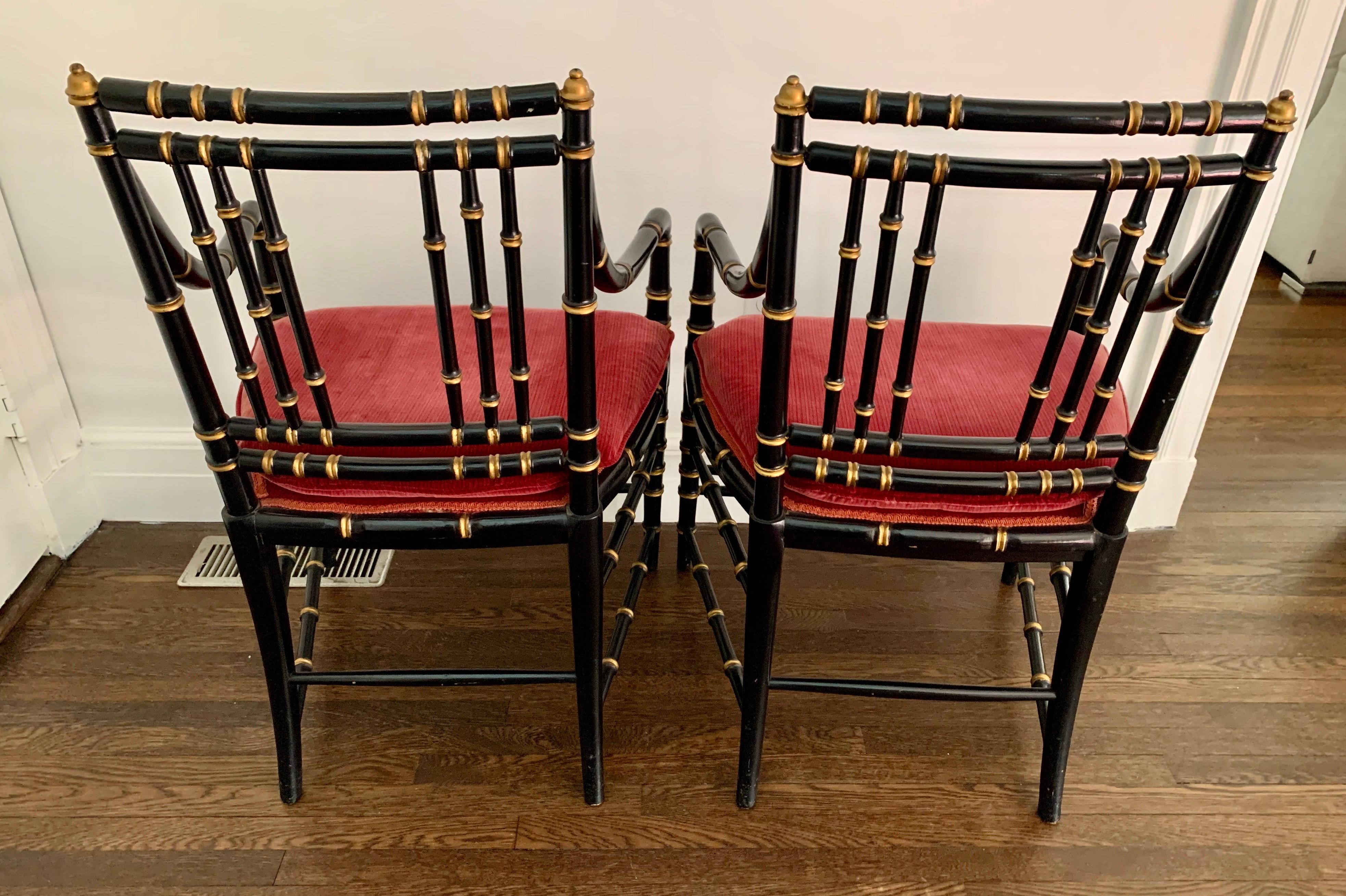 Chippendale Pair of Antique Chinoiserie Black and Gold Faux Bamboo Chairs