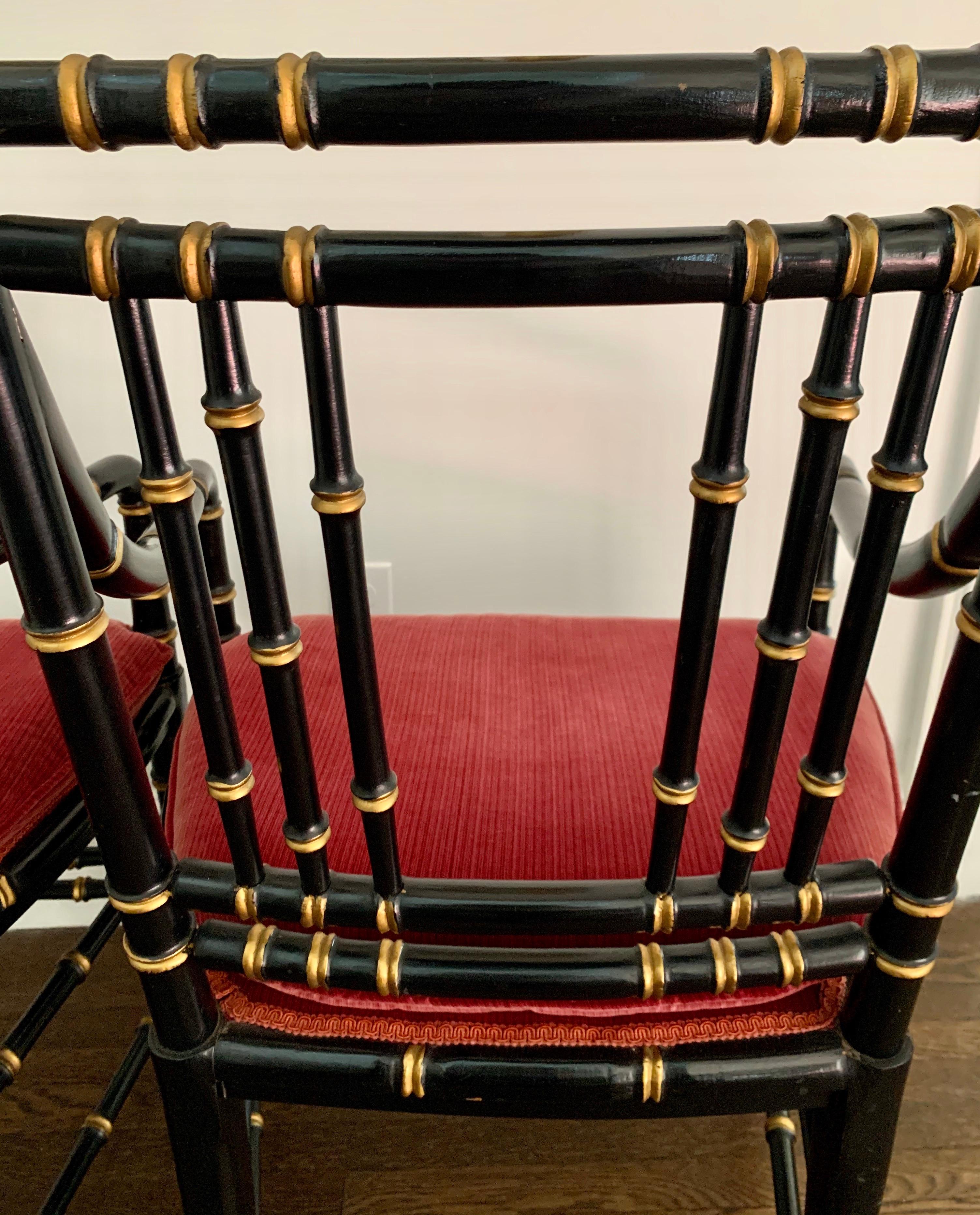 Pair of Antique Chinoiserie Black and Gold Faux Bamboo Chairs In Good Condition In West Hartford, CT