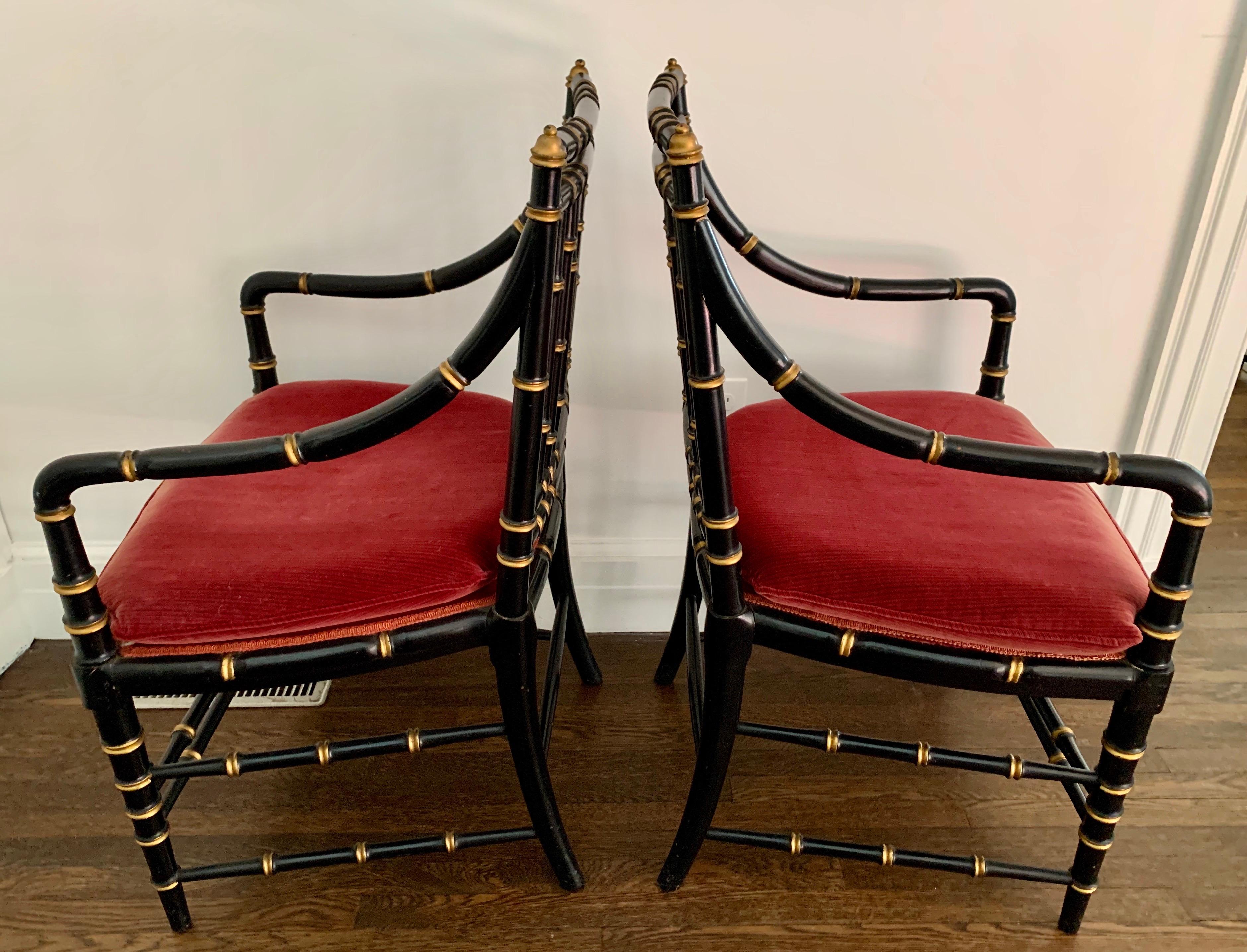 20th Century Pair of Antique Chinoiserie Black and Gold Faux Bamboo Chairs