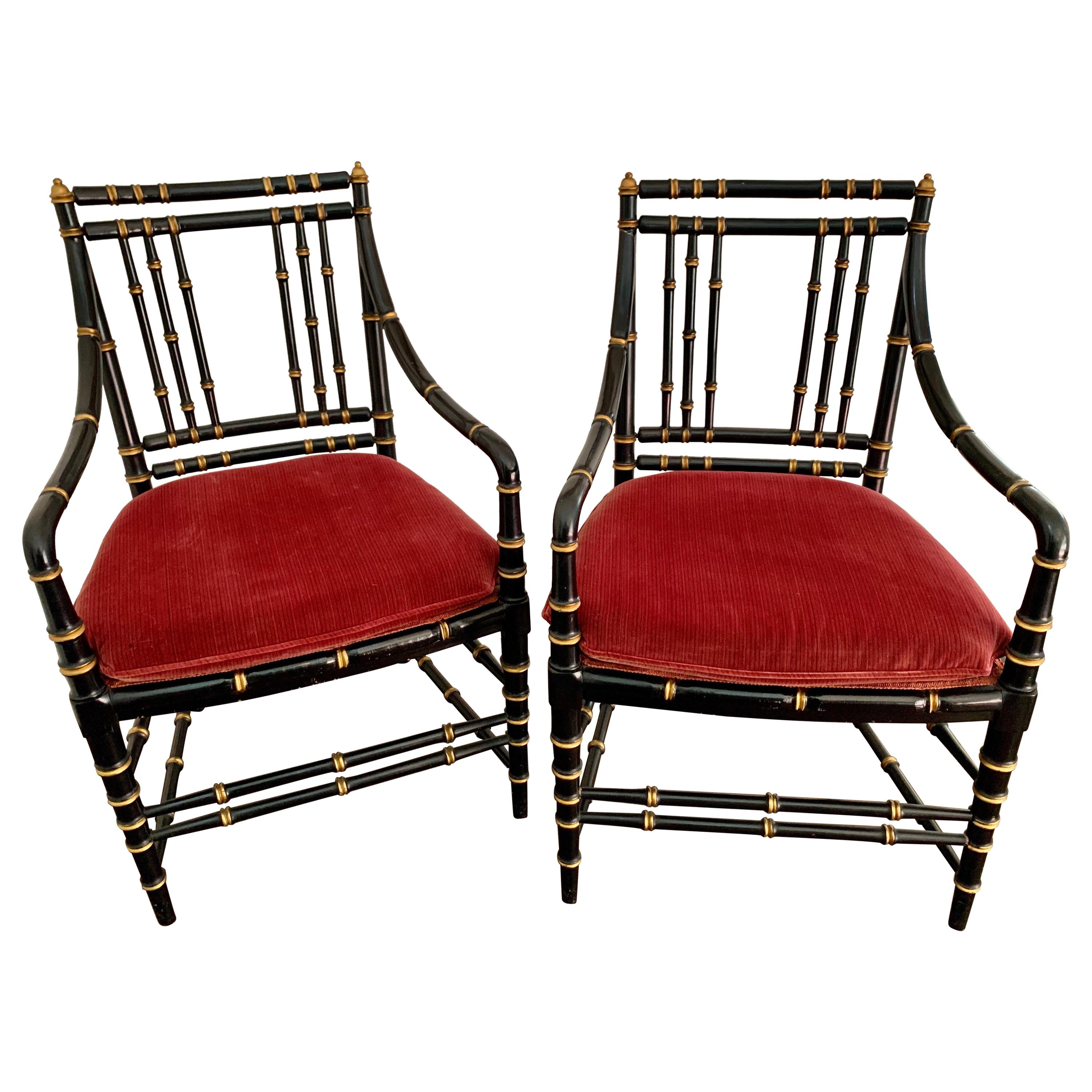 Pair of Antique Chinoiserie Black and Gold Faux Bamboo Chairs