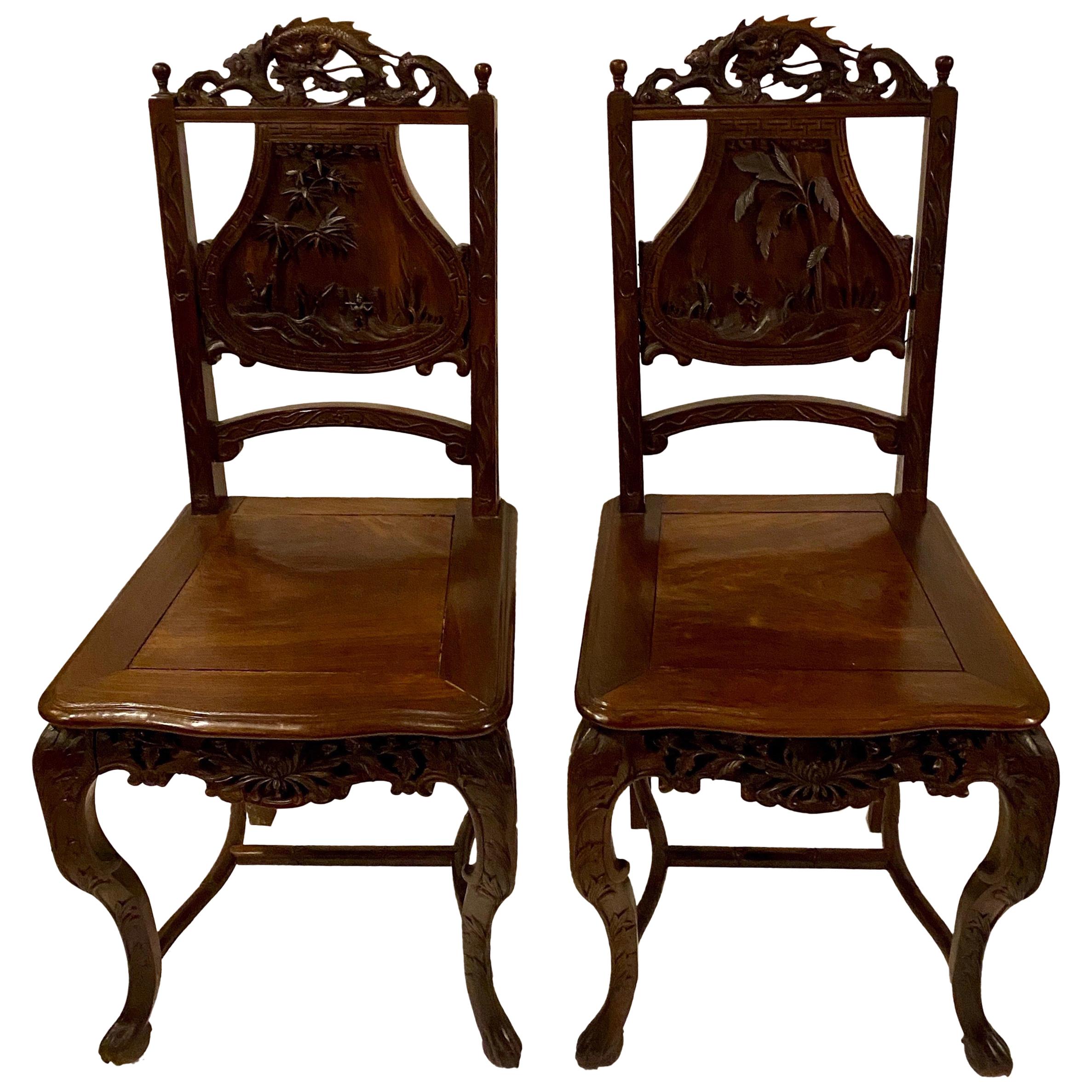 Pair of Antique Chinoiserie Carved Teak 19th Century Chairs
