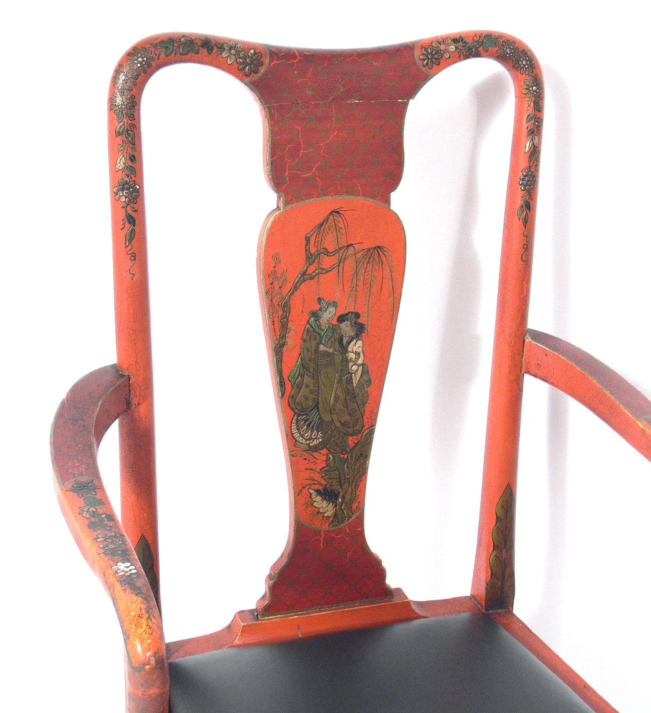 Pair of antique Chinoiserie chairs, probably French, 19th century. They retain their wonderful deep orange color with hand painted decoration.