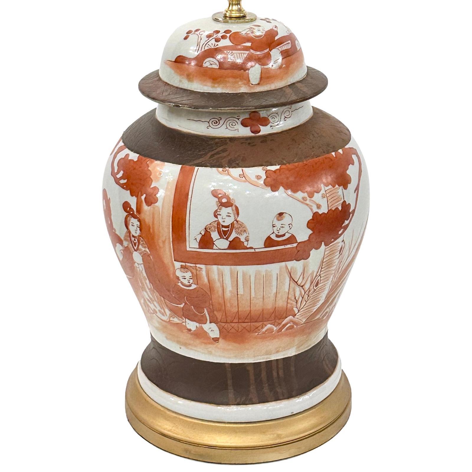 Pair of circa 1920's Chinese porcelain table lamps with court scenes.

Measurements:
Height of body: 16