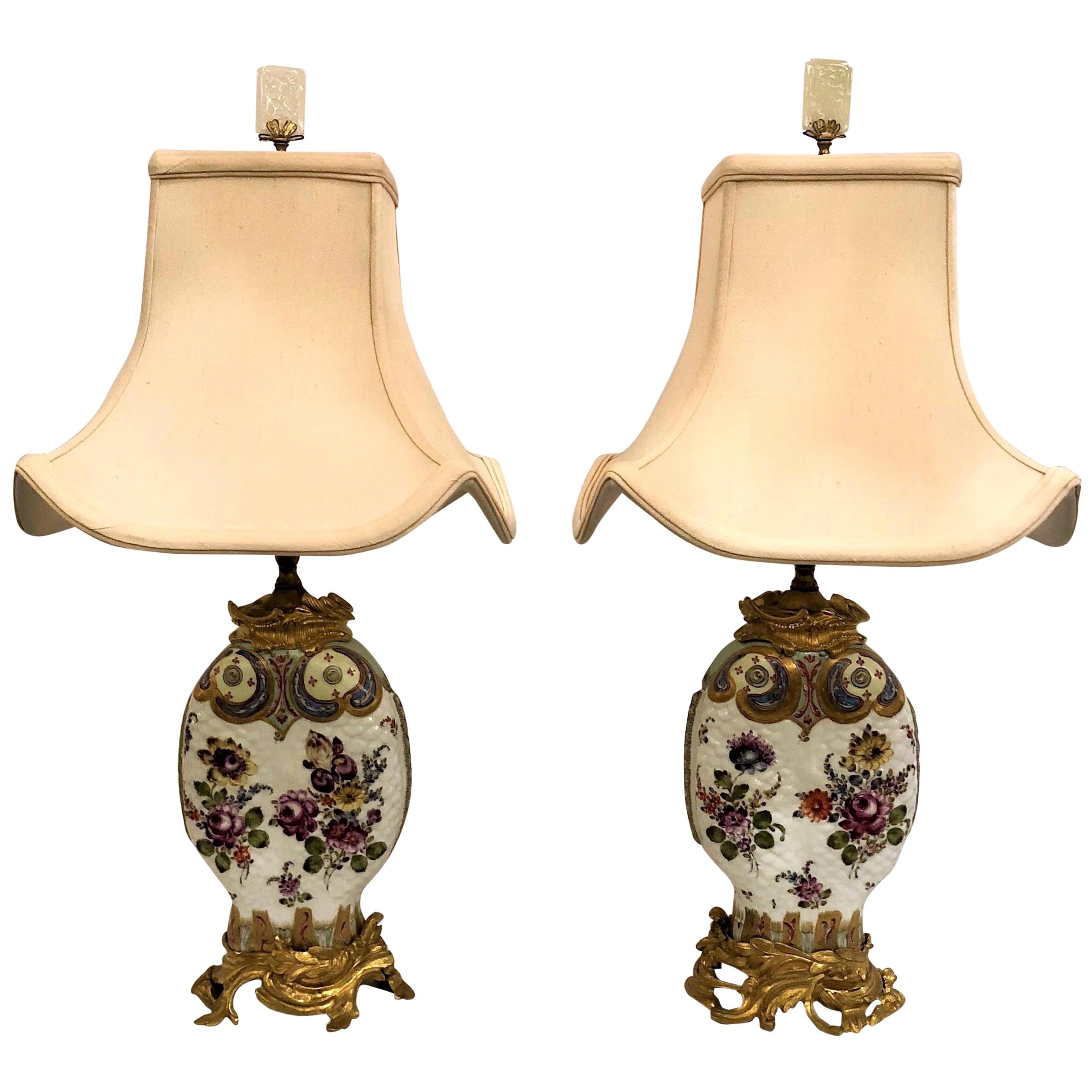 Pair of Antique Chinoiserie Porcelain Lamps with Ormolu Mounts