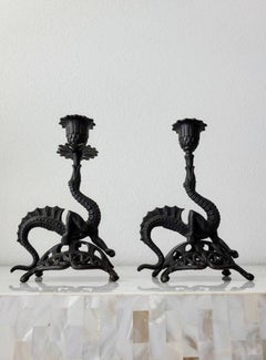 Pair of Antique Chinoiserie Victorian Cast Iron Dragon Candlestick