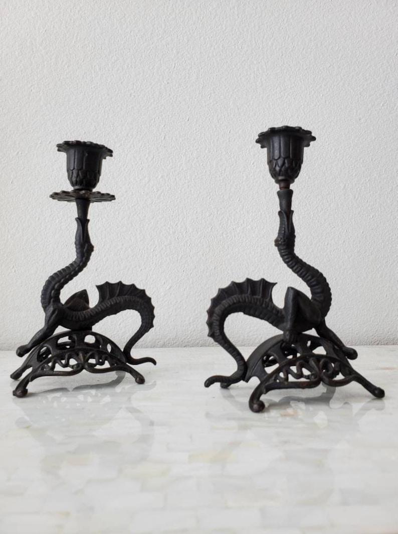 Gothic Revival Pair of Antique Chinoiserie Victorian Cast Iron Dragon Candlestick