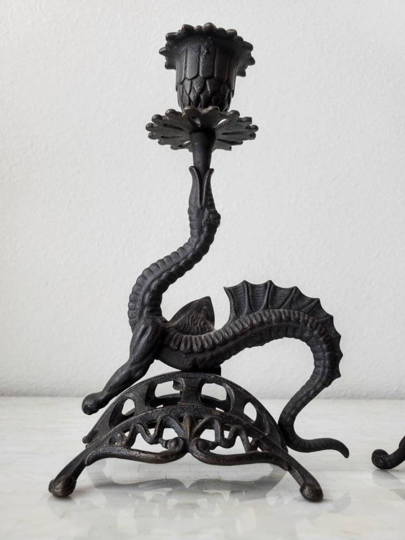 Pair of Antique Chinoiserie Victorian Cast Iron Dragon Candlestick In Good Condition In Forney, TX