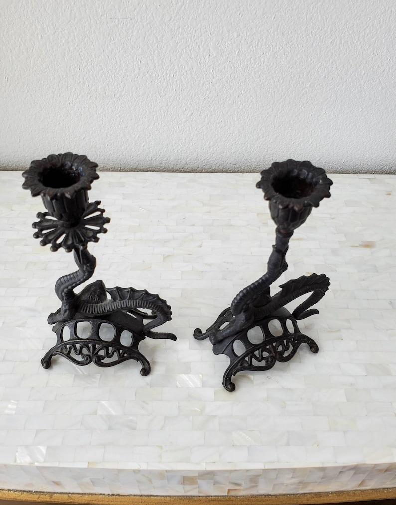 Pair of Antique Chinoiserie Victorian Cast Iron Dragon Candlestick 2