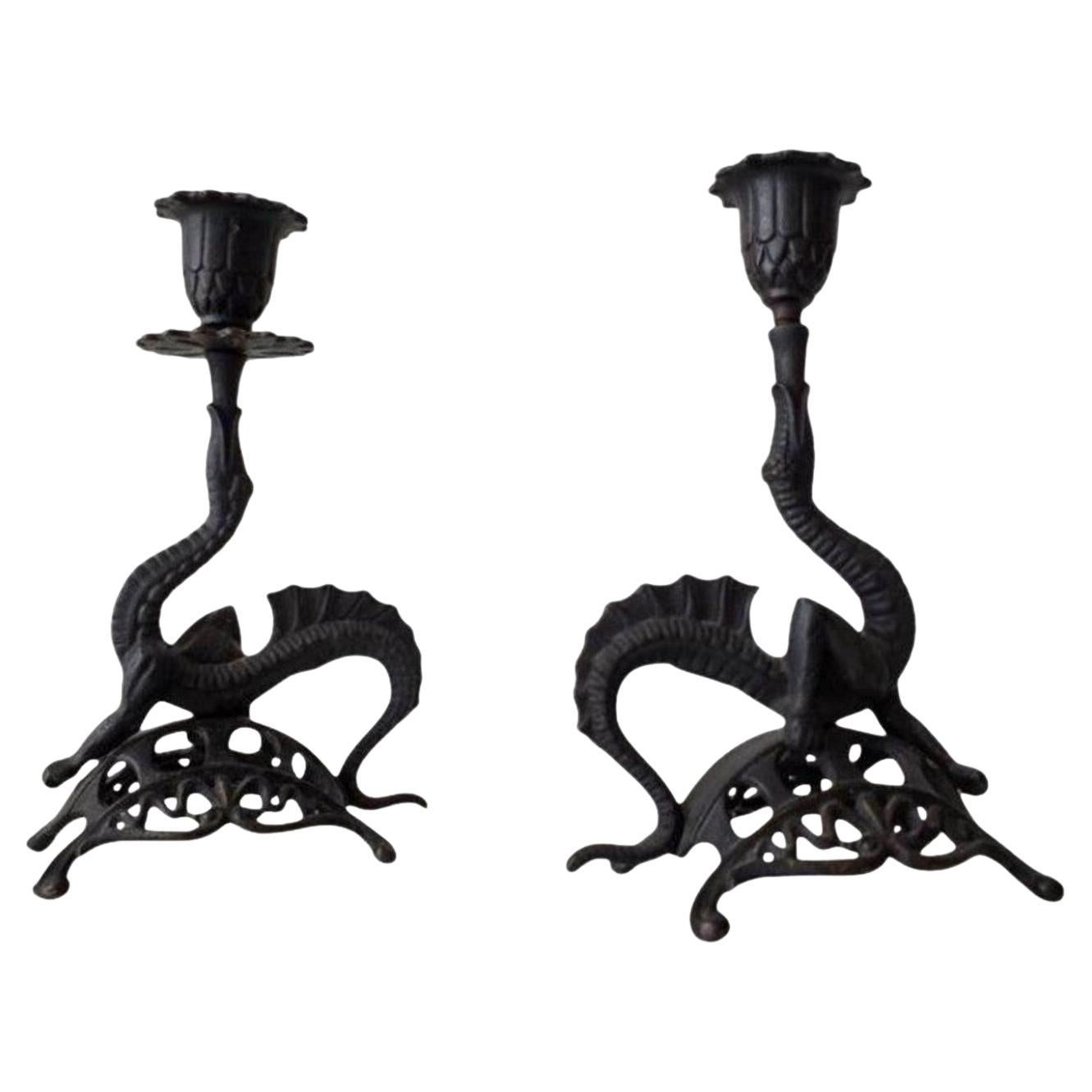 Pair of Antique Chinoiserie Victorian Cast Iron Dragon Candlestick