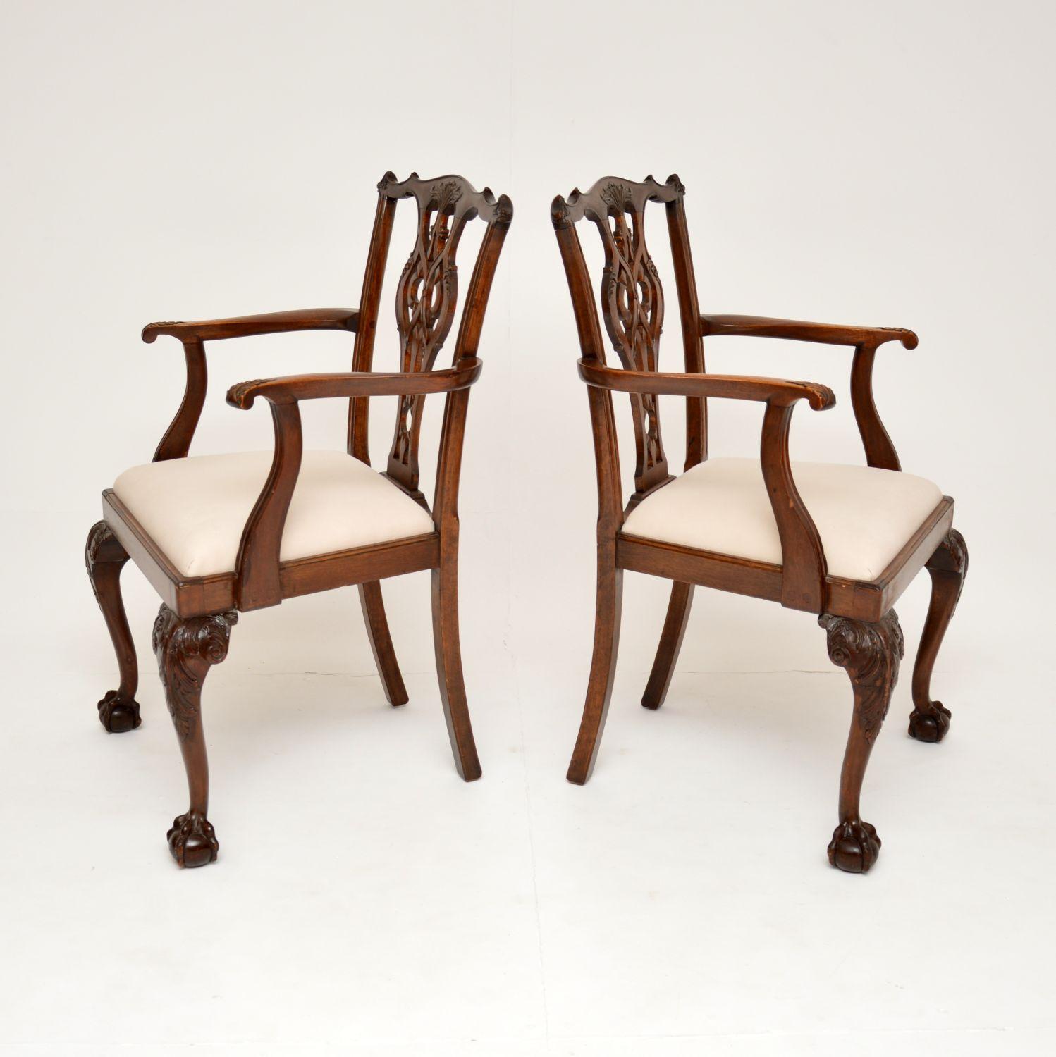 English Pair of Antique Chippendale Revival Carver Armchairs