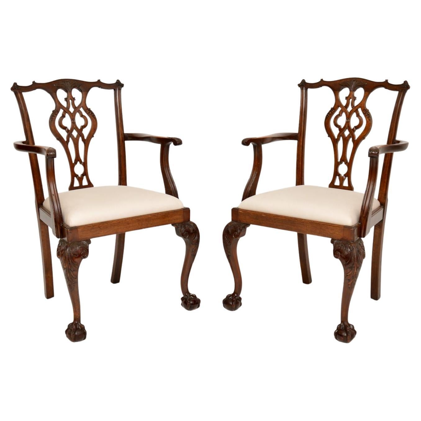 Pair of Antique Chippendale Revival Carver Armchairs