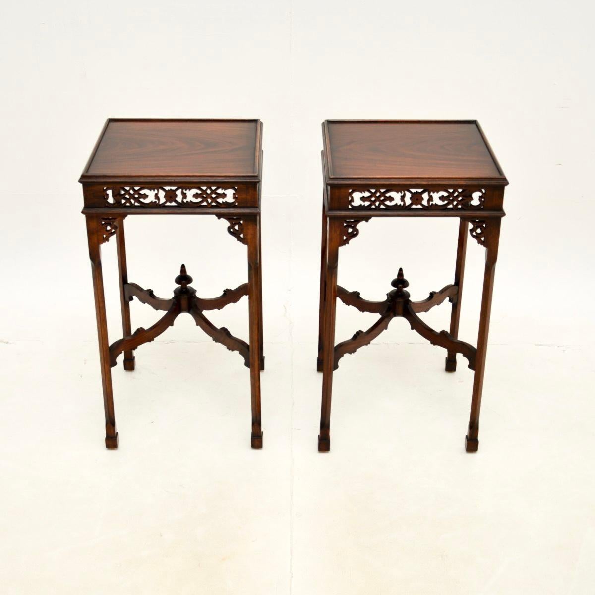 A beautiful pair of antique Chippendale style side tables. They were made in England, they date from around the 1900–1910 period.

They are of outstanding quality, and they are a lovely, petite size. There is exceptionally beautiful pierced fretwork