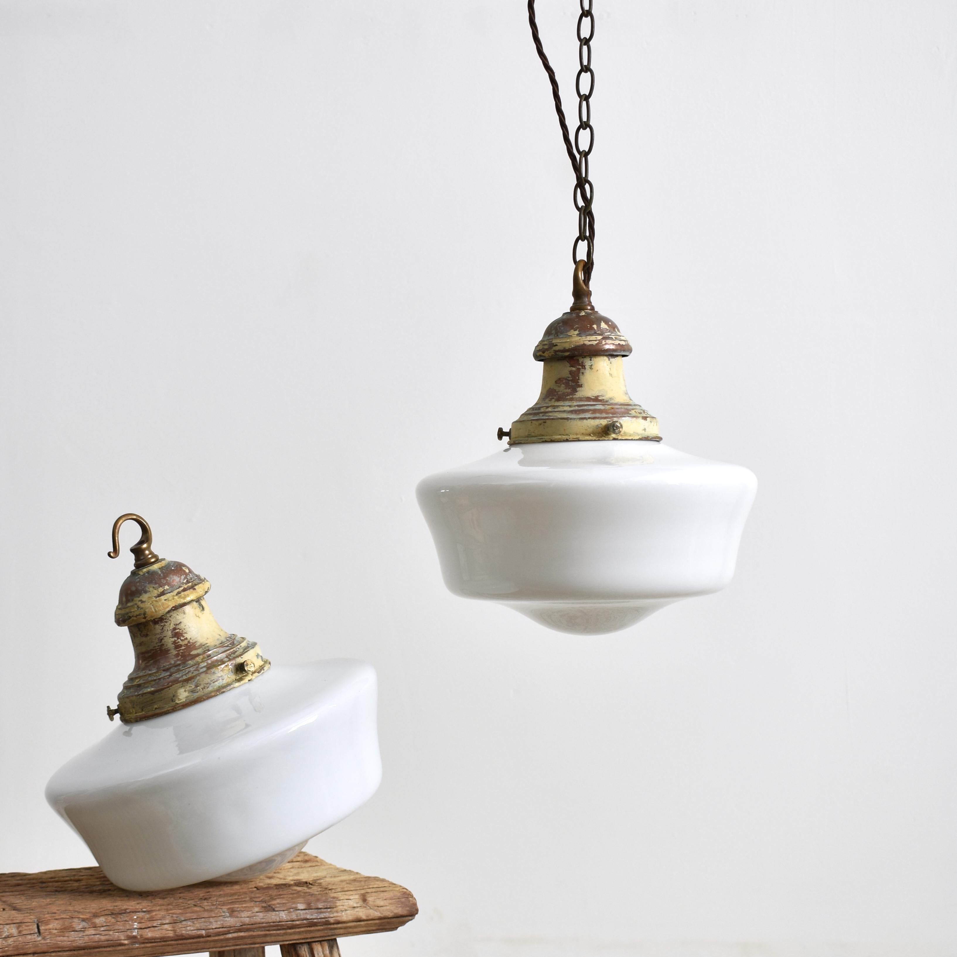 Pair of Antique Church Opaline Pendant Lights In Good Condition For Sale In Stockbridge, GB