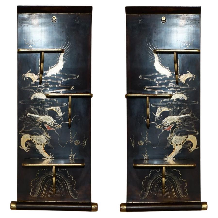 PAIR OF ANTIQUE CIRCA 1900 CHINESE EXPORT CHINOISERIE DRAGON FOLDING SHELVEs