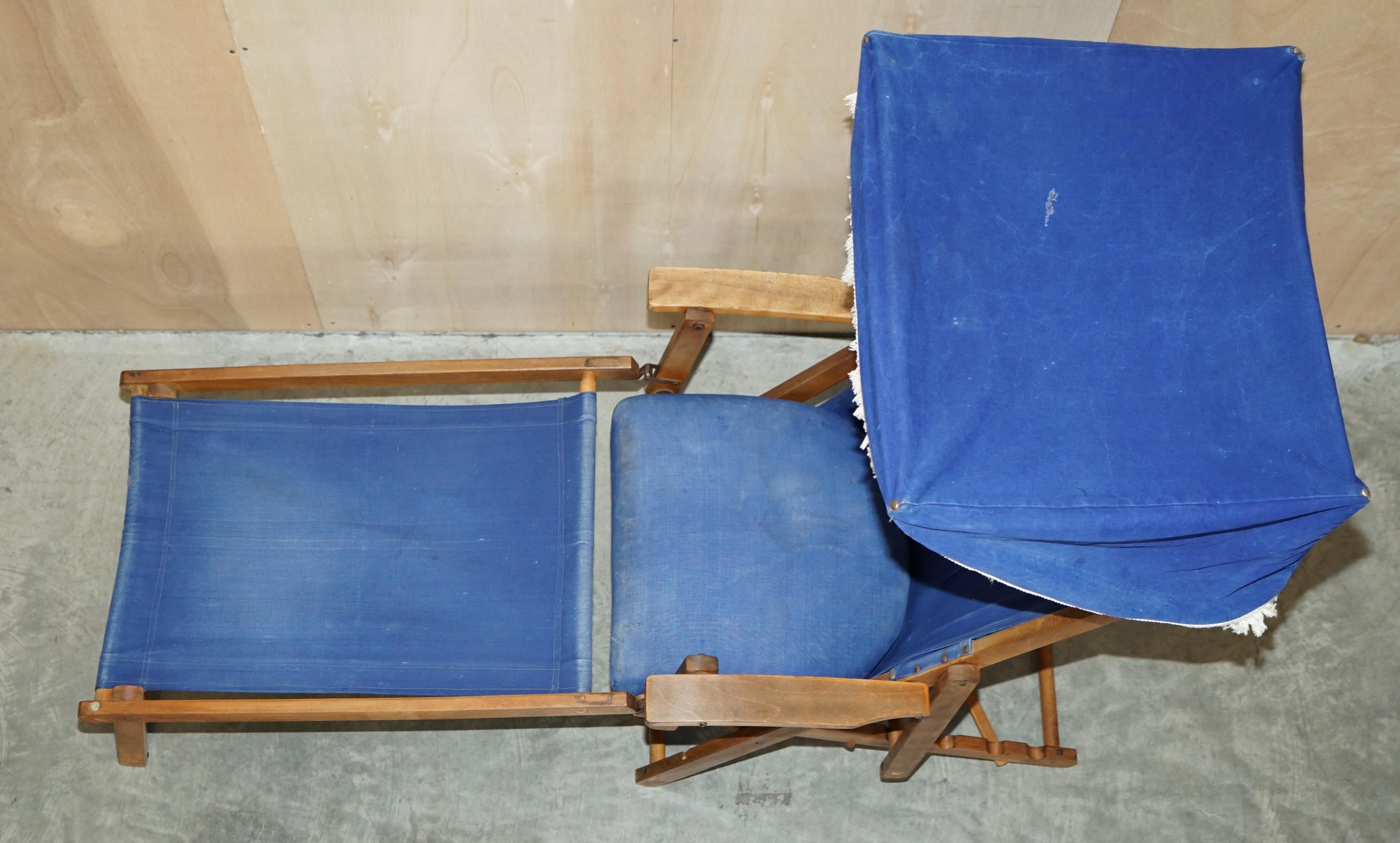Pair of Antique circa 1900 Haxyes Steamer Deck Chairs Canopy Top & Footrests For Sale 1