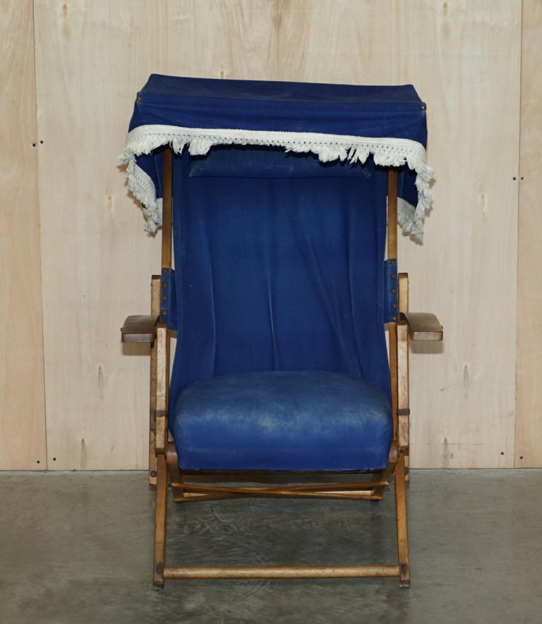 Pair of Antique circa 1900 Haxyes Steamer Deck Chairs Canopy Top