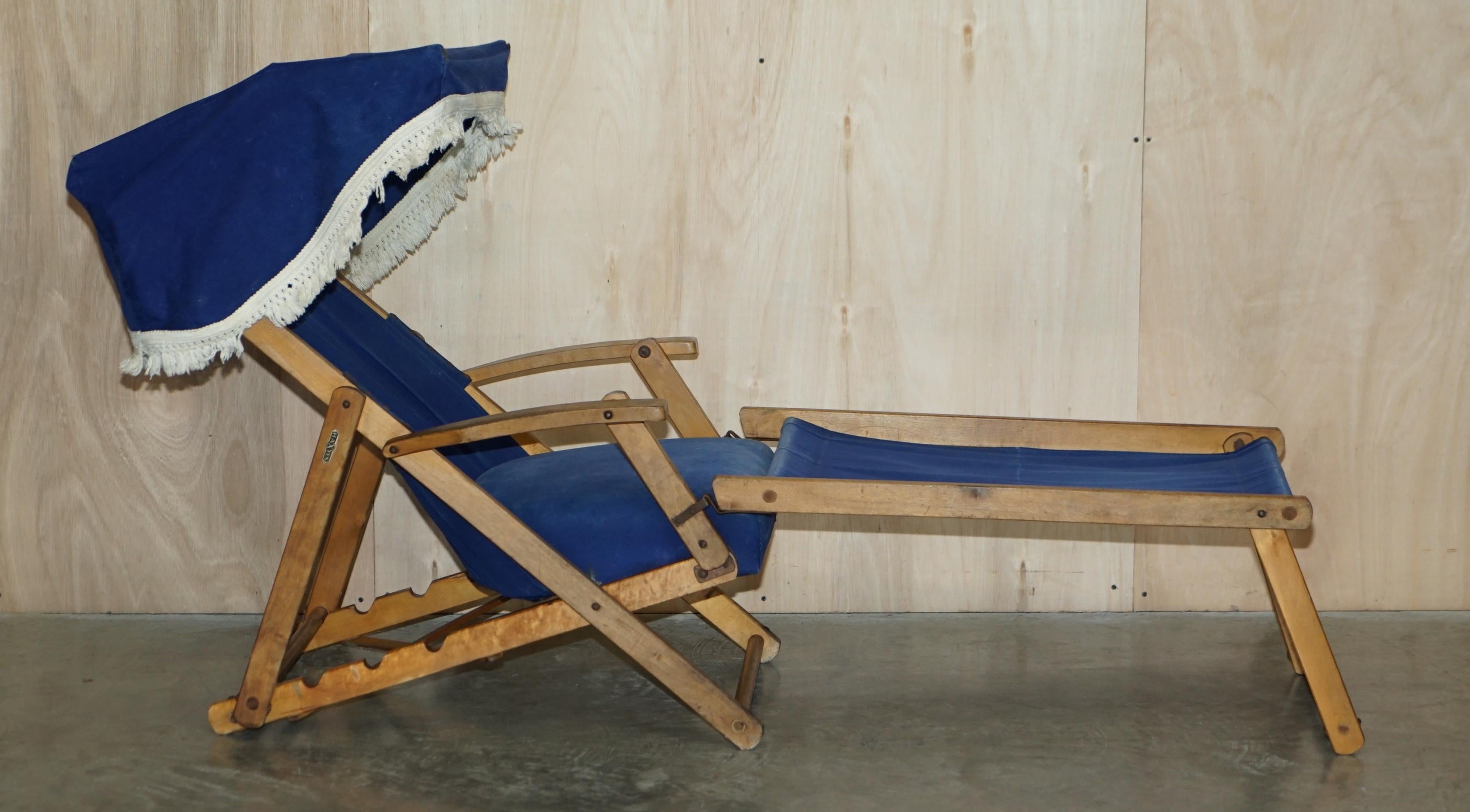 Pair of Antique circa 1900 Haxyes Steamer Deck Chairs Canopy Top & Footrests For Sale 9