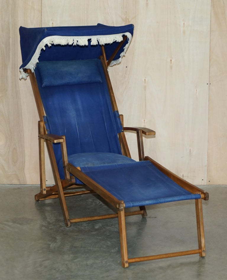 Pair of Antique circa 1900 Haxyes Steamer Deck Chairs Canopy Top