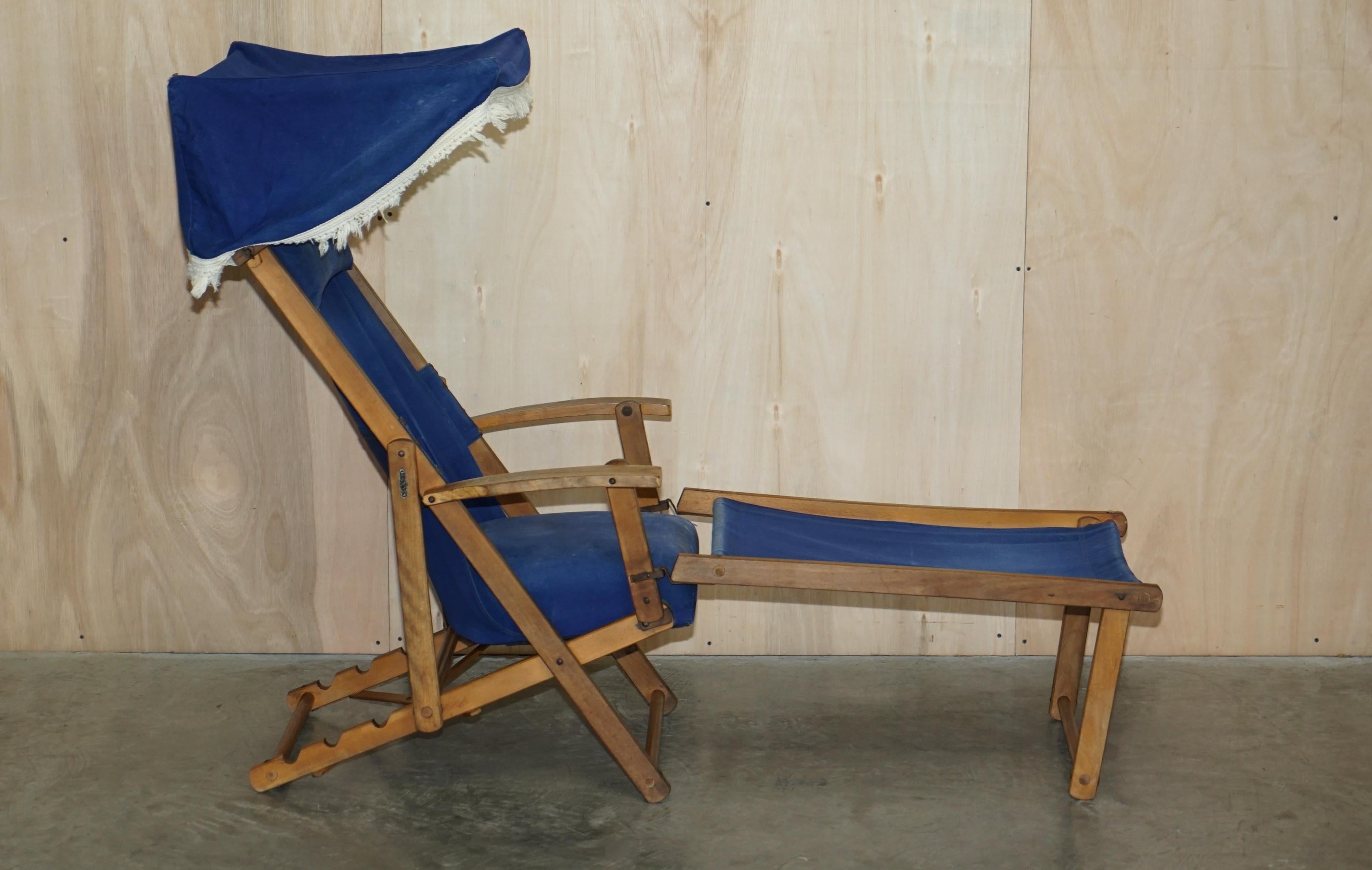 English Pair of Antique circa 1900 Haxyes Steamer Deck Chairs Canopy Top & Footrests For Sale