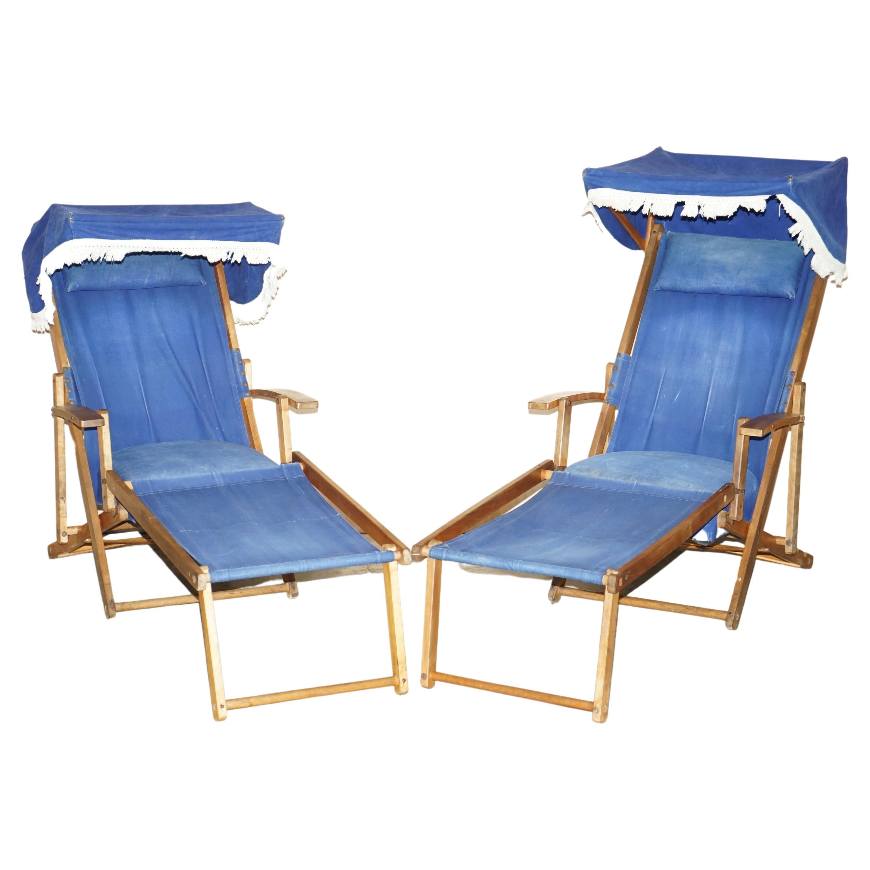 Pair of Antique circa 1900 Haxyes Steamer Deck Chairs Canopy Top & Footrests For Sale