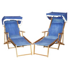 Pair of Antique circa 1900 Haxyes Steamer Deck Chairs Canopy Top & Footrests